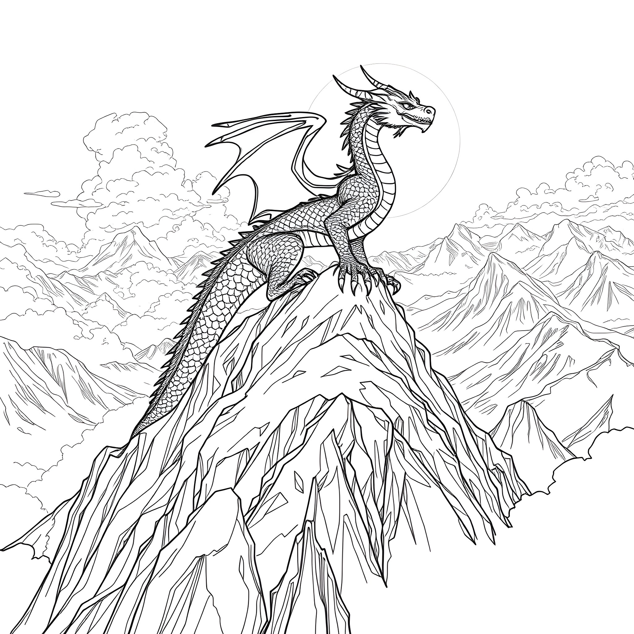 Dragon soaring over rugged mountain landscape Coloring Page (free black-and-white line drawing printable PDF for all, from beginners to advanced learners, including children, teens, adults, and seniors)