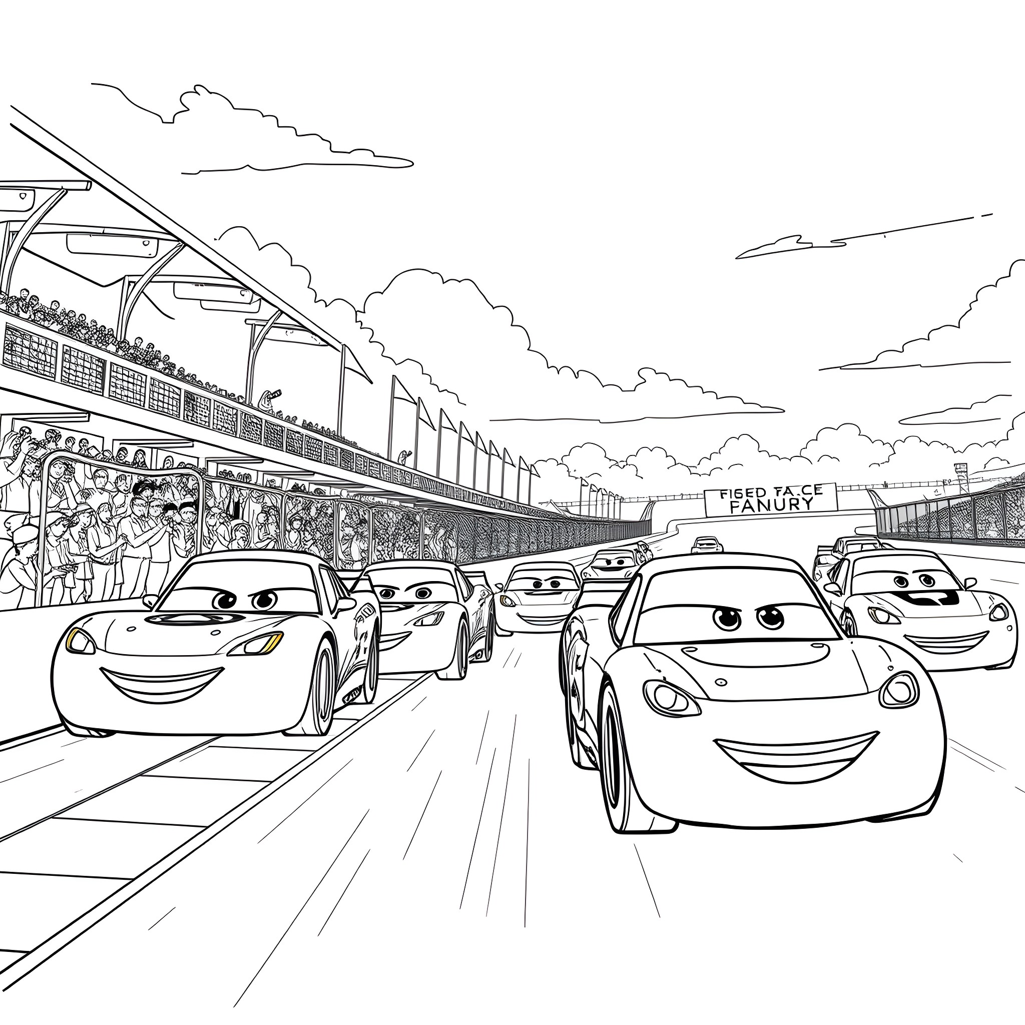 Car racing on the track with crowd in the stadium Coloring Page (free black-and-white line drawing printable PDF for all, from beginners to advanced learners, including children, teens, adults, and seniors)