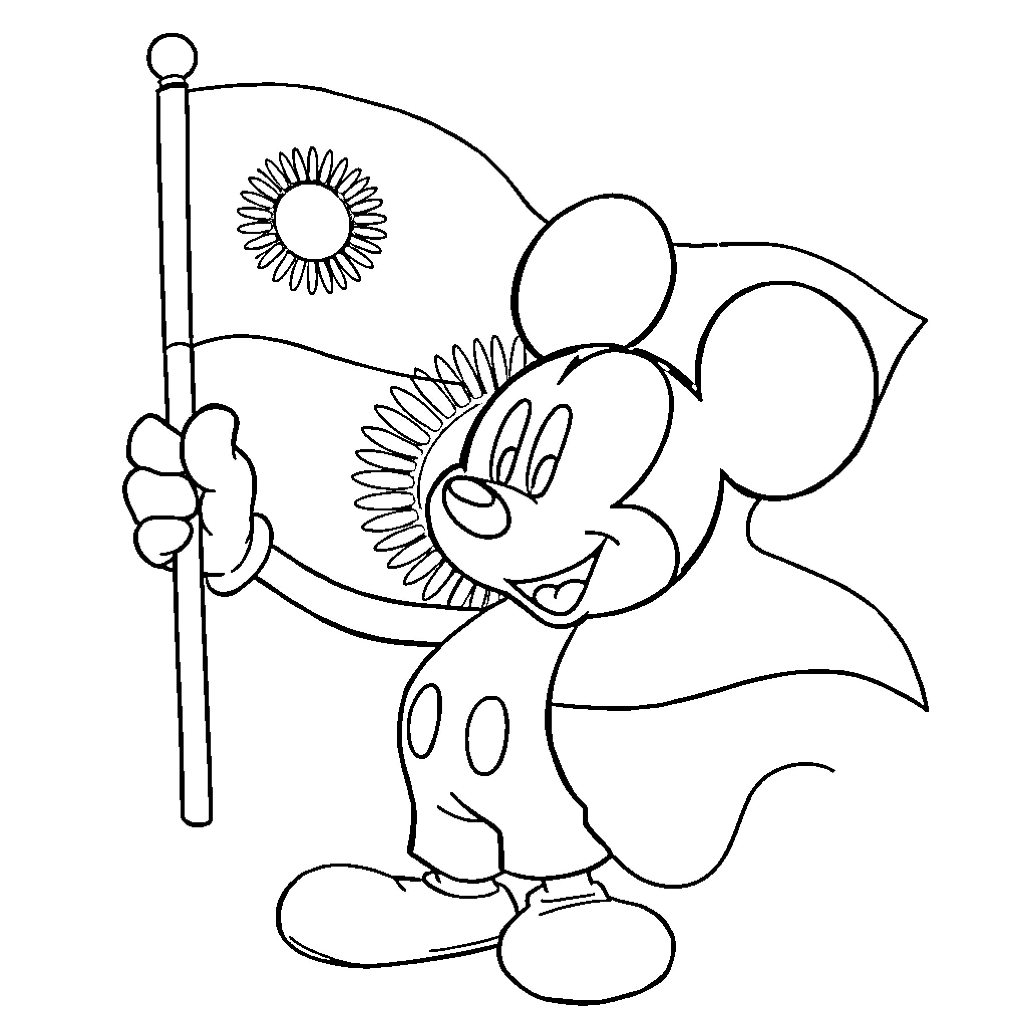Mickey Mouse waving a flag with sunflowers Coloring Page (free black-and-white line drawing printable PDF for all, from beginners to advanced learners, including children, teens, adults, and seniors)
