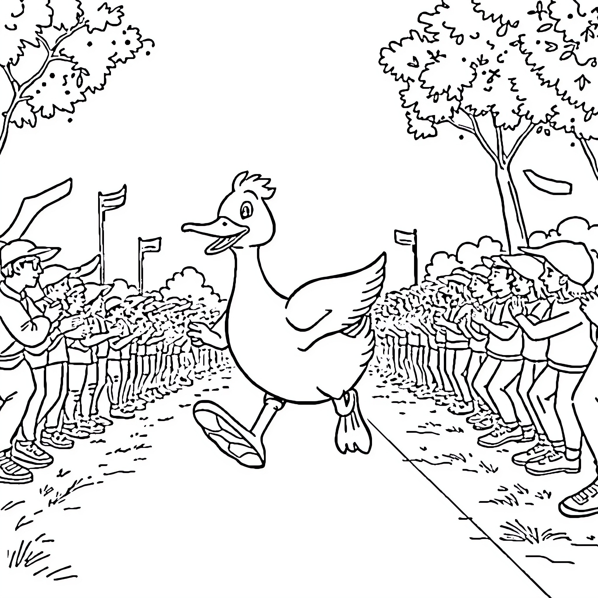 Duck leading a marching band of people Coloring Page (free black-and-white line drawing printable PDF for all, from beginners to advanced learners, including children, teens, adults, and seniors)