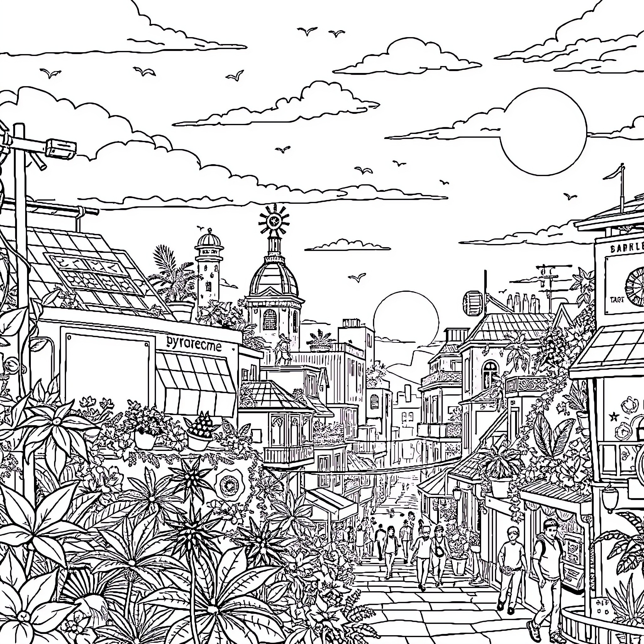 City with Bustling Scenes and Architectural Wonders Coloring Page (free black-and-white line drawing printable PDF for all, from beginners to advanced learners, including children, teens, adults, and seniors)