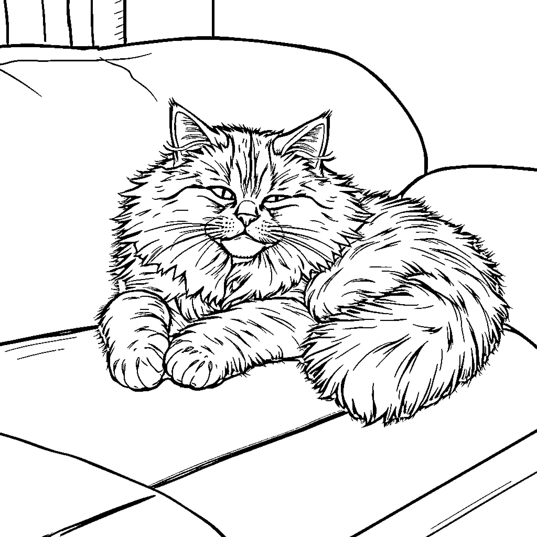 Cat resting comfortably on a windowsill Coloring Page (free black-and-white line drawing printable PDF for all, from beginners to advanced learners, including children, teens, adults, and seniors)