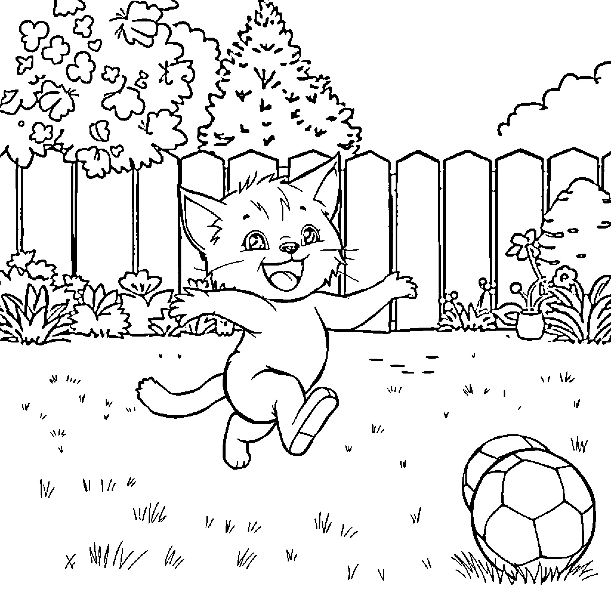 Kitty playing joyfully in backyard garden Coloring Page (free black-and-white line drawing printable PDF for all, from beginners to advanced learners, including children, teens, adults, and seniors)