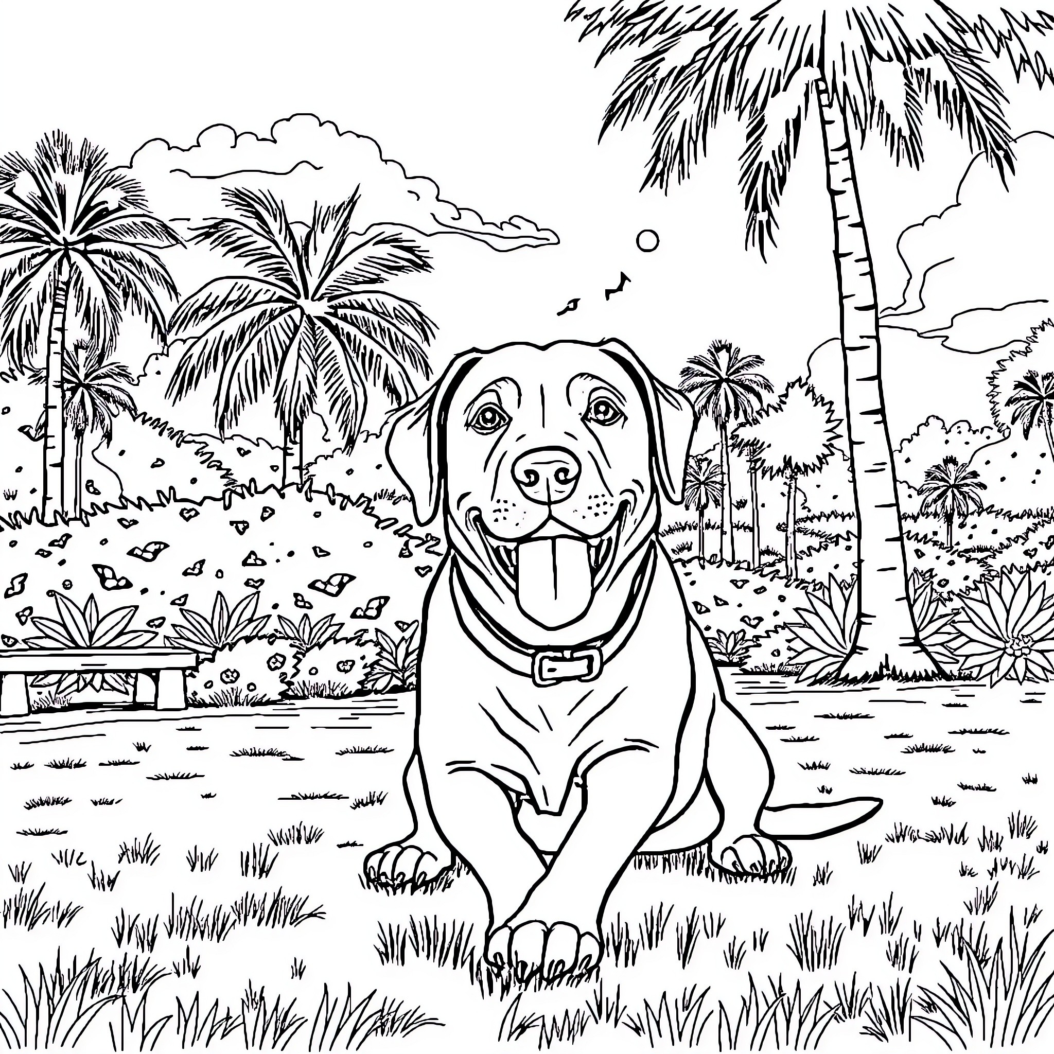 Labrador enjoying tropical landscape Coloring Page (free black-and-white line drawing printable PDF for all, from beginners to advanced learners, including children, teens, adults, and seniors)