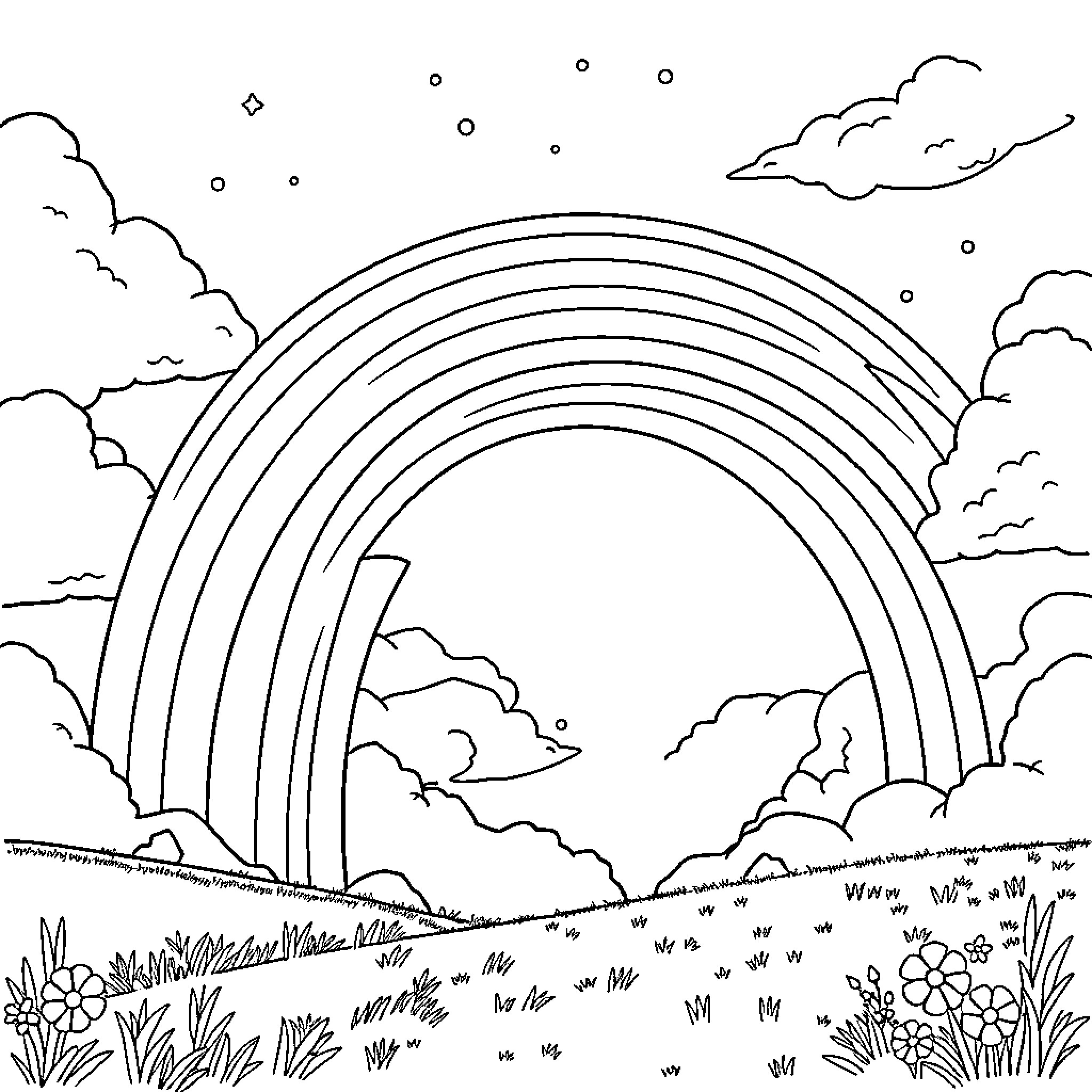 Carebear's Vibrant Rainbow Landscape Coloring Page (free black-and-white line drawing printable PDF for all, from beginners to advanced learners, including children, teens, adults, and seniors)