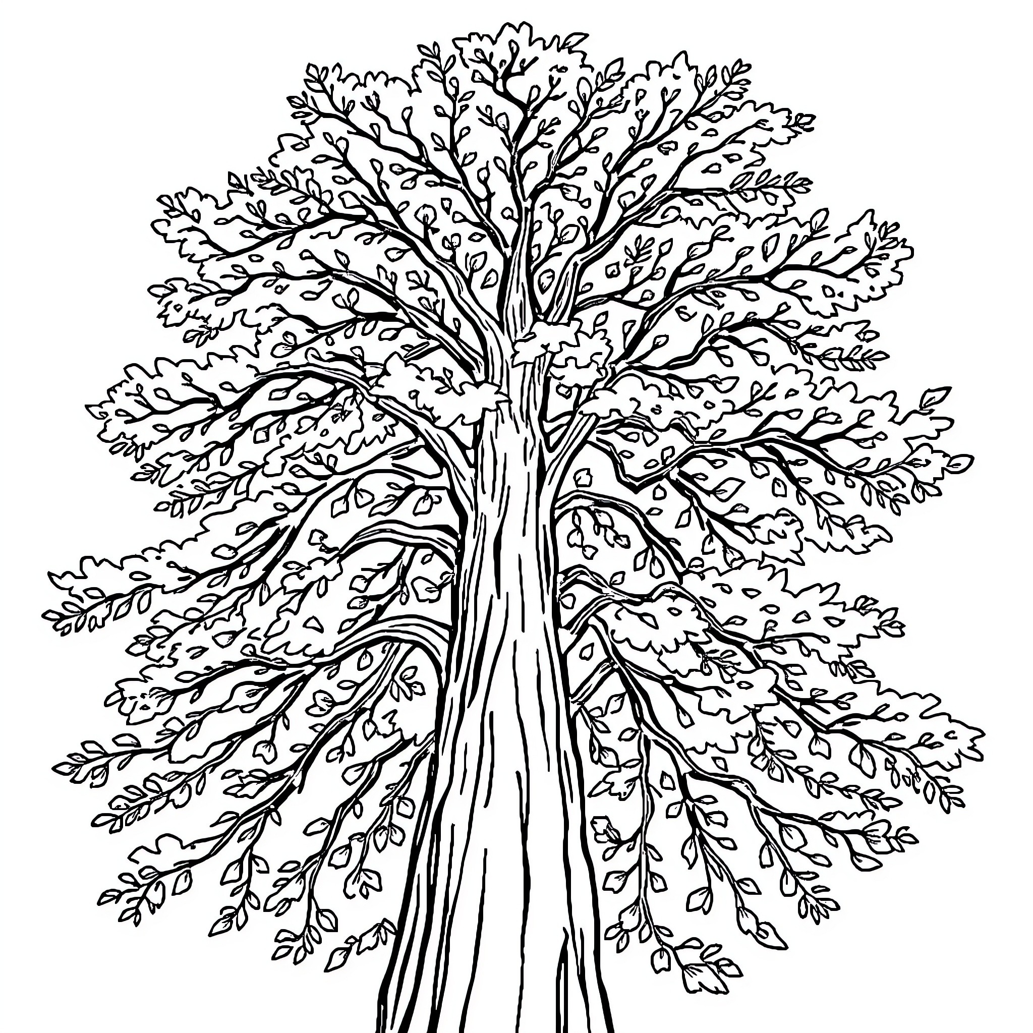 Tree with expansive, detailed branches Coloring Page (free black-and-white line drawing printable PDF for all, from beginners to advanced learners, including children, teens, adults, and seniors)