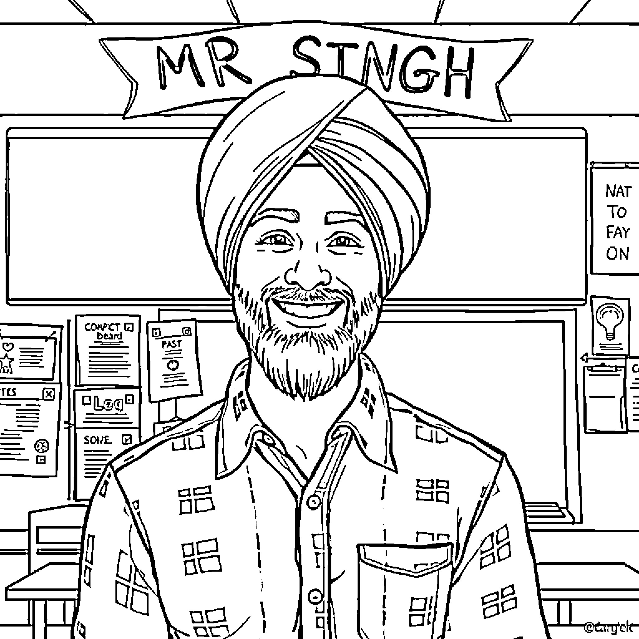 Sikh Man with Turban and Uniform at Workplace Coloring Page (free black-and-white line drawing printable PDF for all, from beginners to advanced learners, including children, teens, adults, and seniors)