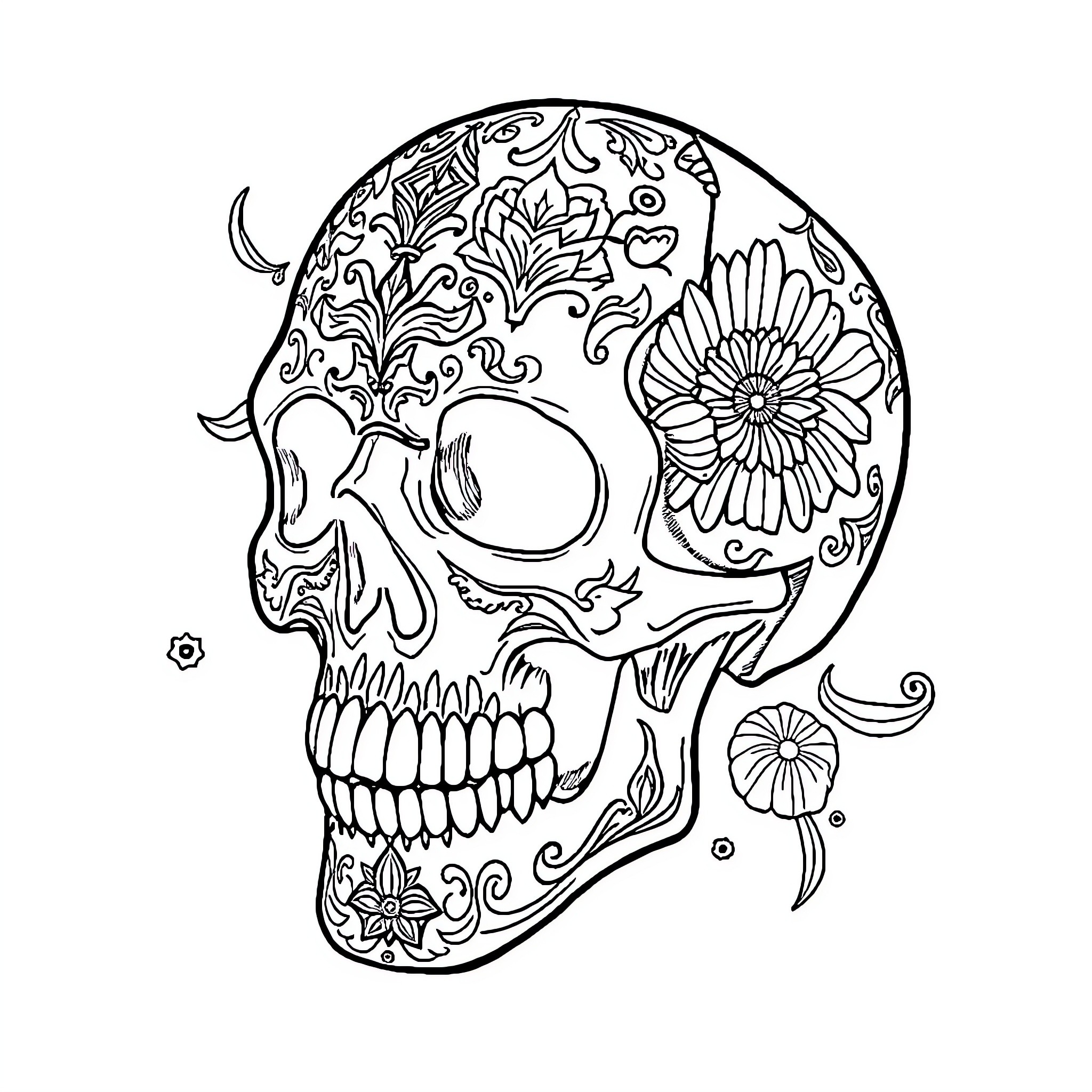 Skull with Ornate Floral Patterns Coloring Page (free black-and-white line drawing printable PDF for all, from beginners to advanced learners, including children, teens, adults, and seniors)