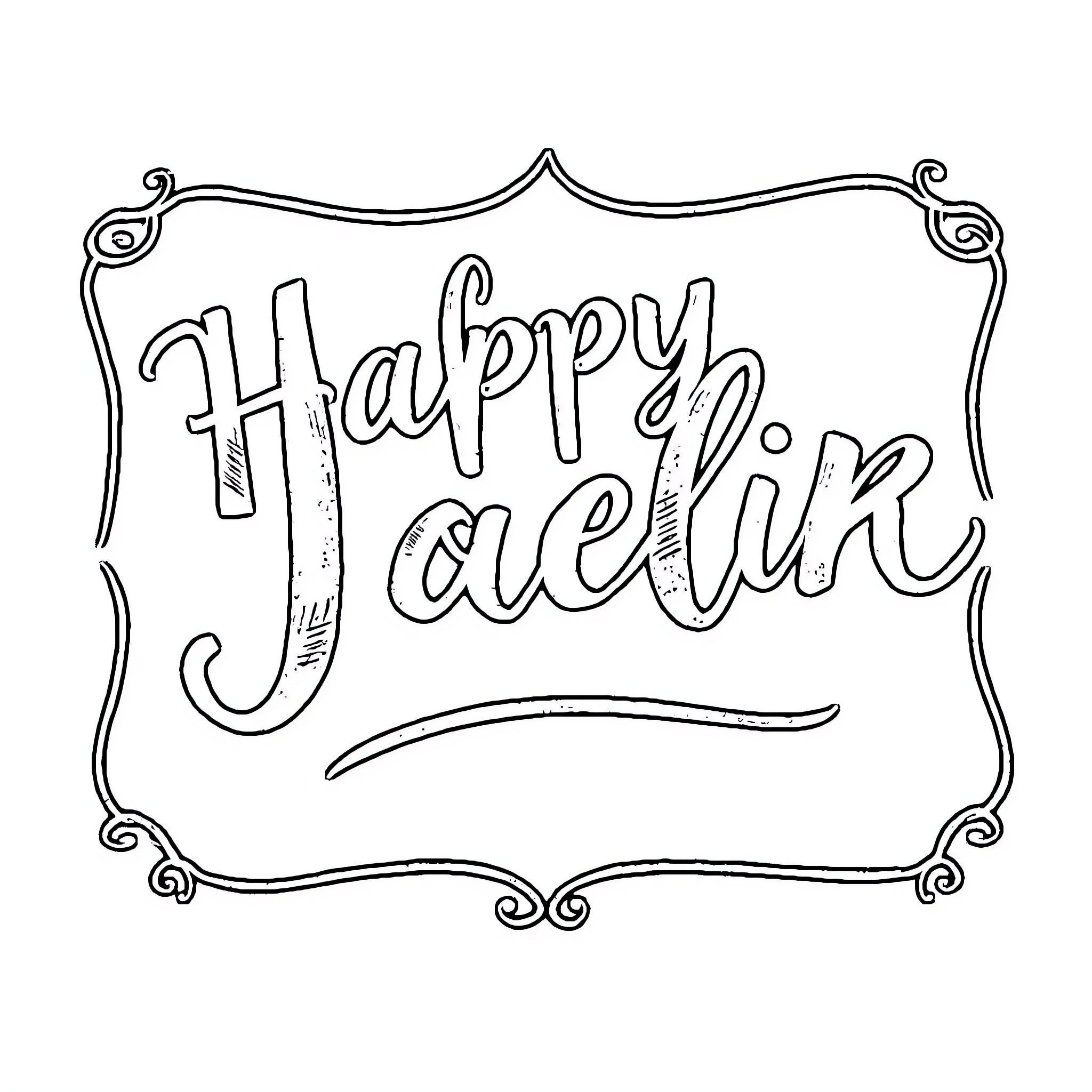 Chalkboard hand-lettered 'Happy Jaelin' Coloring Page (free black-and-white line drawing printable PDF for all, from beginners to advanced learners, including children, teens, adults, and seniors)
