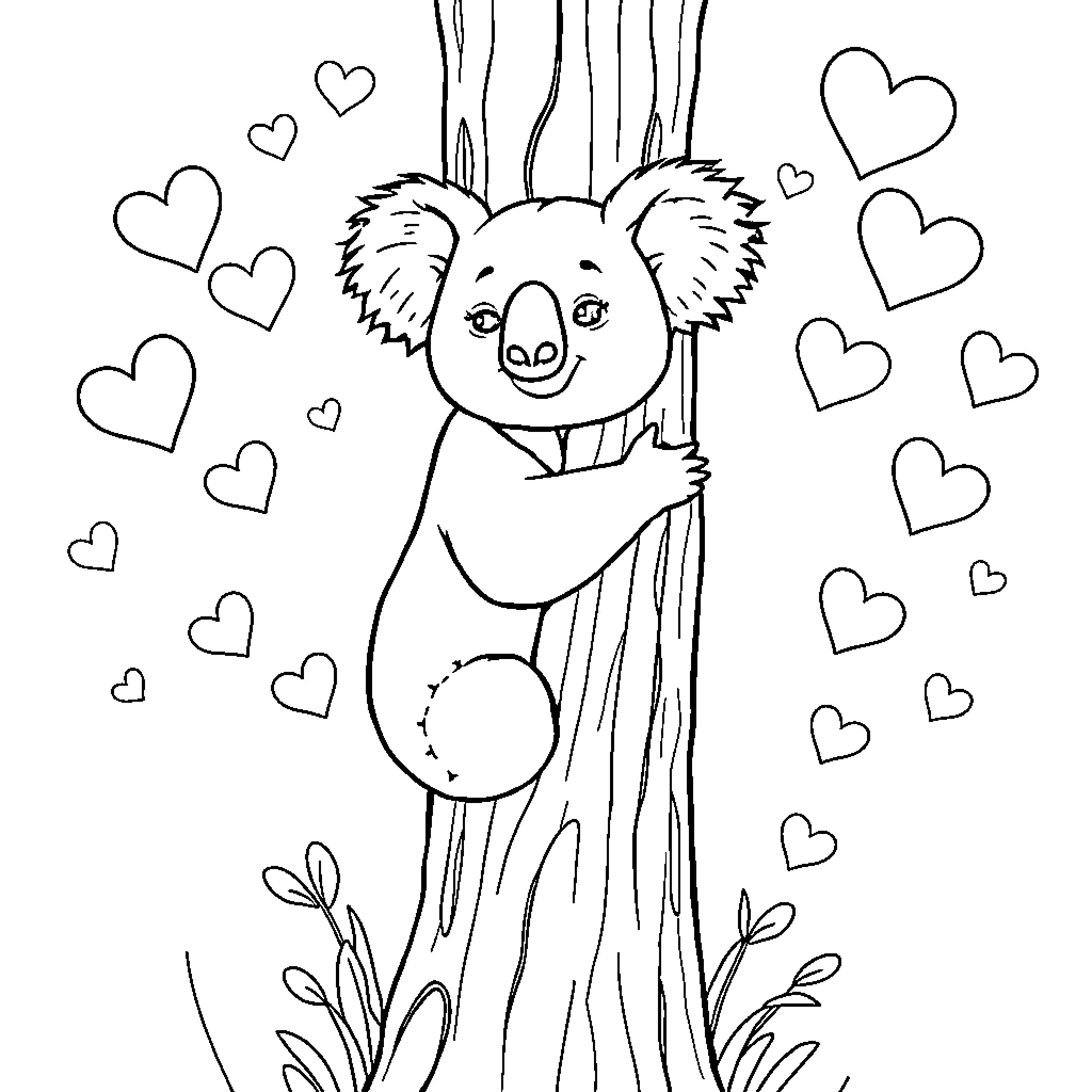 Kuala Koala hugging tree with hearts Coloring Page (free black-and-white line drawing printable PDF for all, from beginners to advanced learners, including children, teens, adults, and seniors)