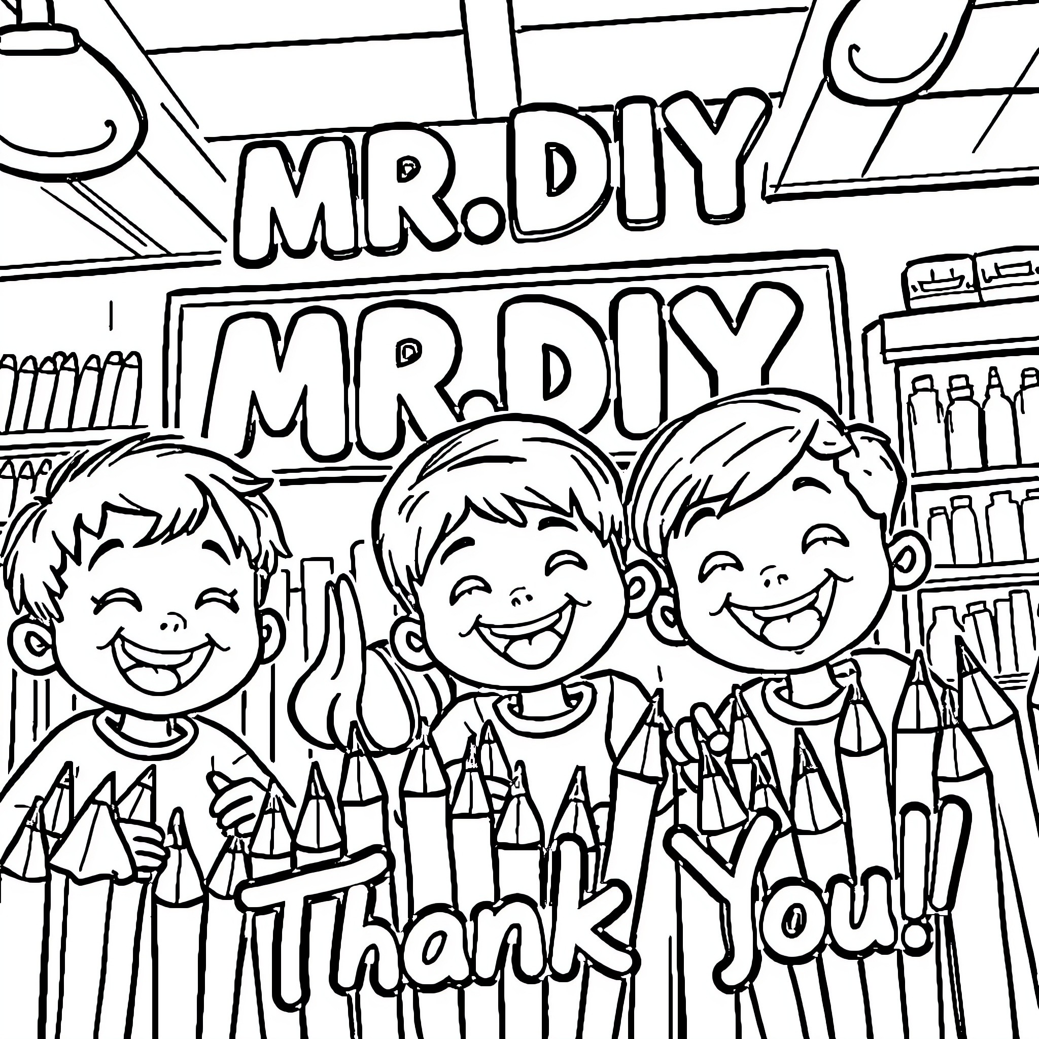 Children enjoying a DIY store visit Coloring Page (free black-and-white line drawing printable PDF for all, from beginners to advanced learners, including children, teens, adults, and seniors)