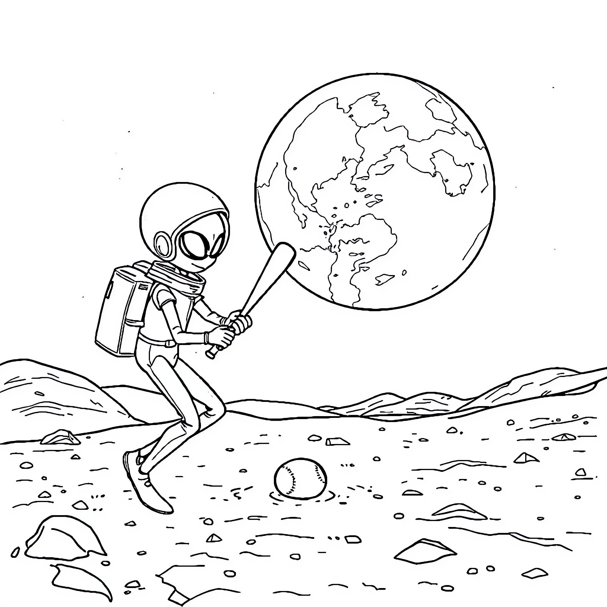 Martian Astronaut Exploring Alien Terrain Coloring Page (free black-and-white line drawing printable PDF for all, from beginners to advanced learners, including children, teens, adults, and seniors)