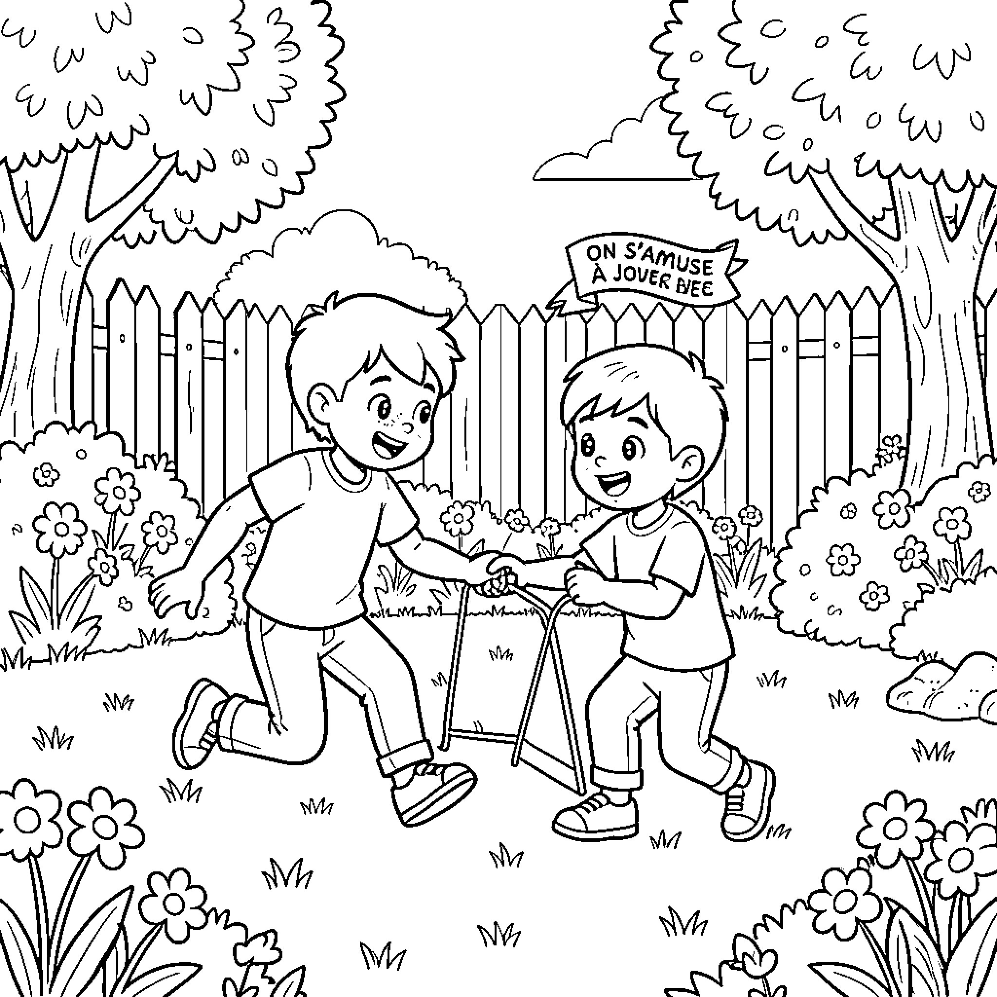 Brothers playing joyfully together in a garden Coloring Page (free black-and-white line drawing printable PDF for all, from beginners to advanced learners, including children, teens, adults, and seniors)