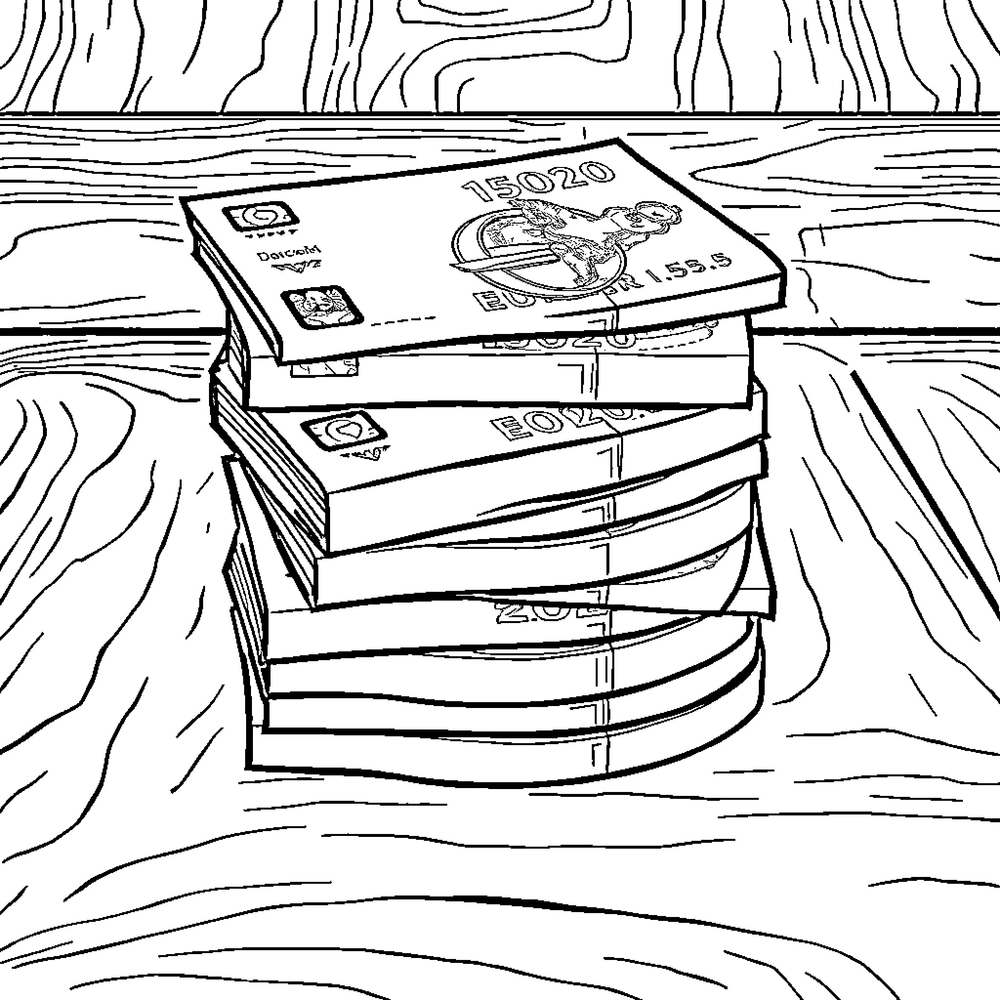Euro Bank Notes Stacked on Wooden Surface Coloring Page (free black-and-white line drawing printable PDF for all, from beginners to advanced learners, including children, teens, adults, and seniors)