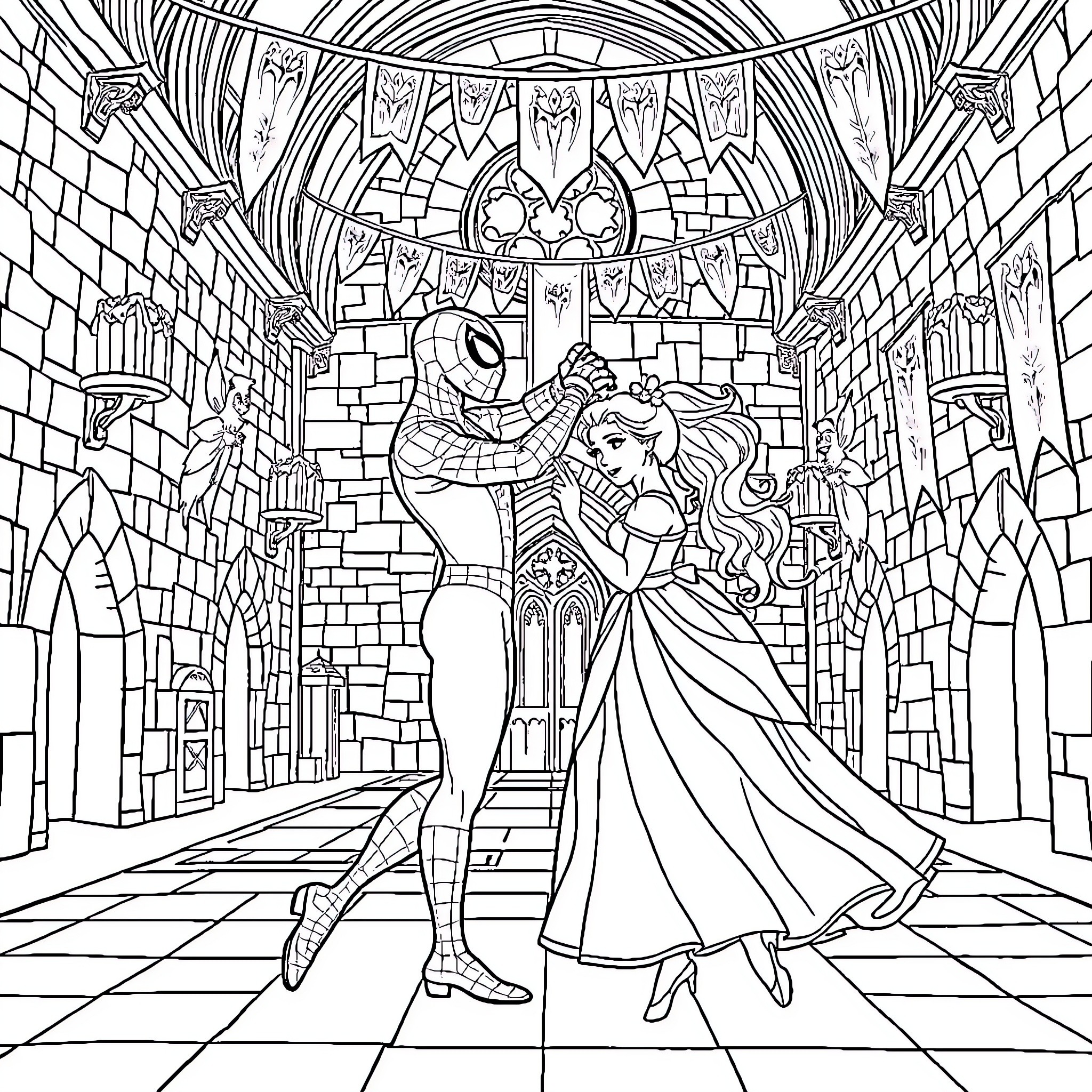 Spiderman and Princess Dancing in Castle Hallway Coloring Page (free black-and-white line drawing printable PDF for all, from beginners to advanced learners, including children, teens, adults, and seniors)