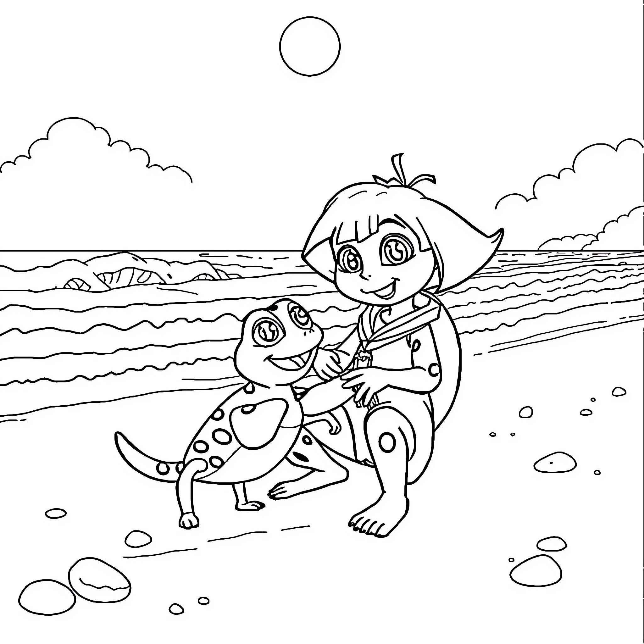 Stella playing happily with a turtle on the beach Coloring Page (free black-and-white line drawing printable PDF for all, from beginners to advanced learners, including children, teens, adults, and seniors)