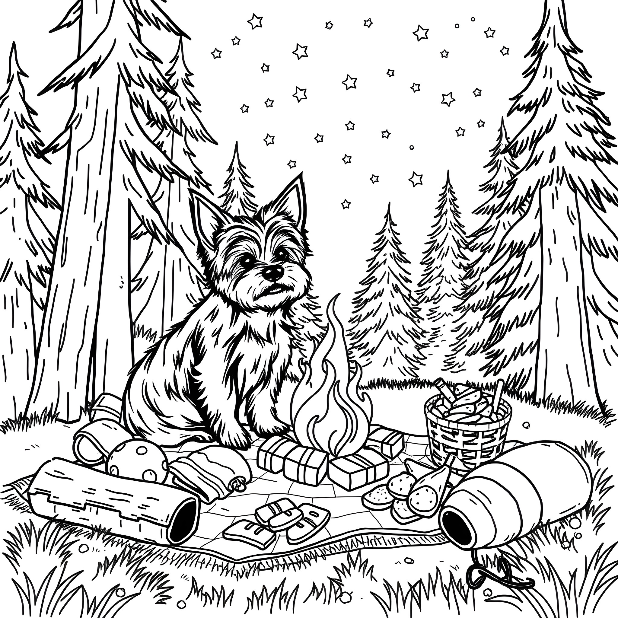 Yorkie enjoying a cozy winter day in the forest Coloring Page (free black-and-white line drawing printable PDF for all, from beginners to advanced learners, including children, teens, adults, and seniors)