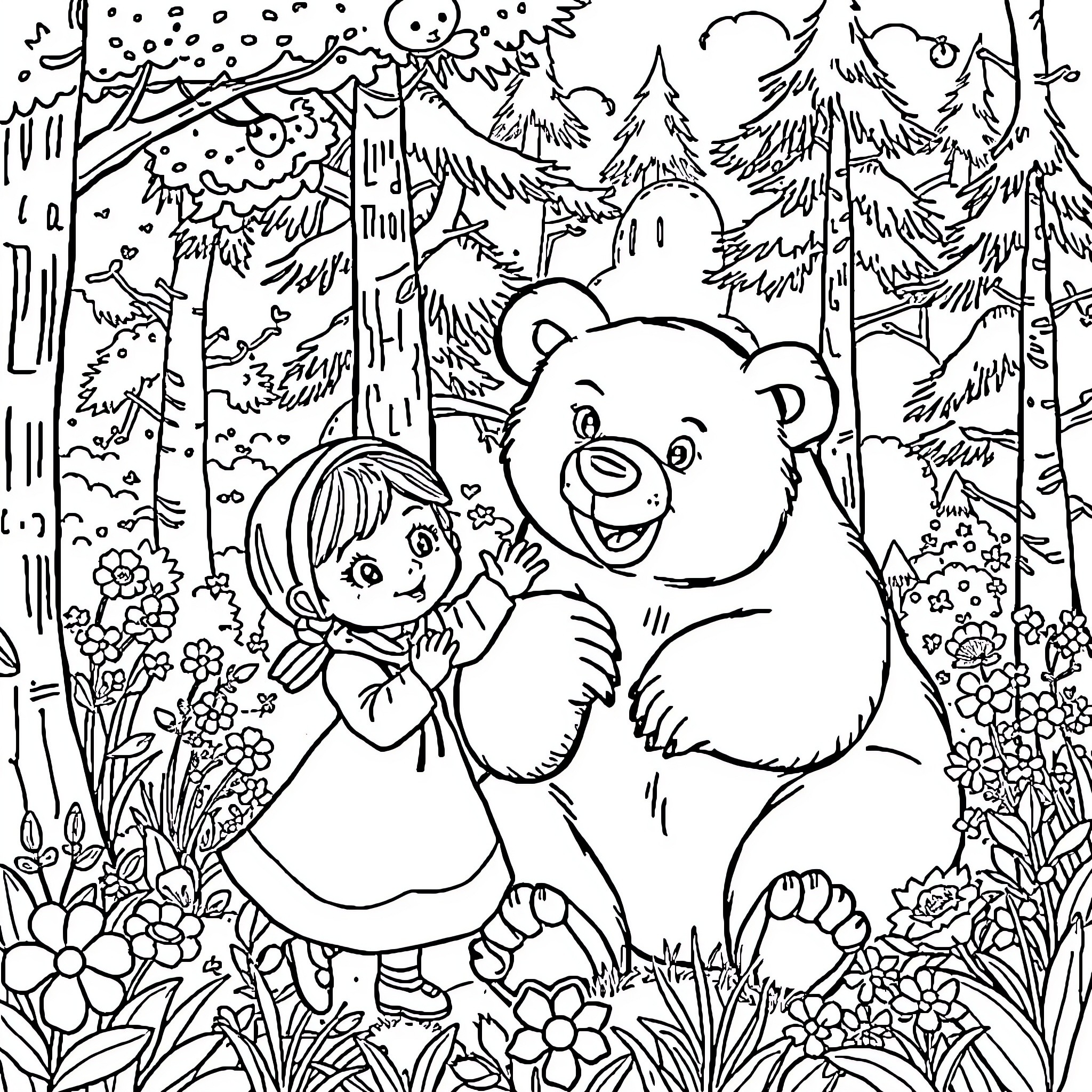Masha and Bear exploring the enchanted forest Coloring Page (free black-and-white line drawing printable PDF for all, from beginners to advanced learners, including children, teens, adults, and seniors)