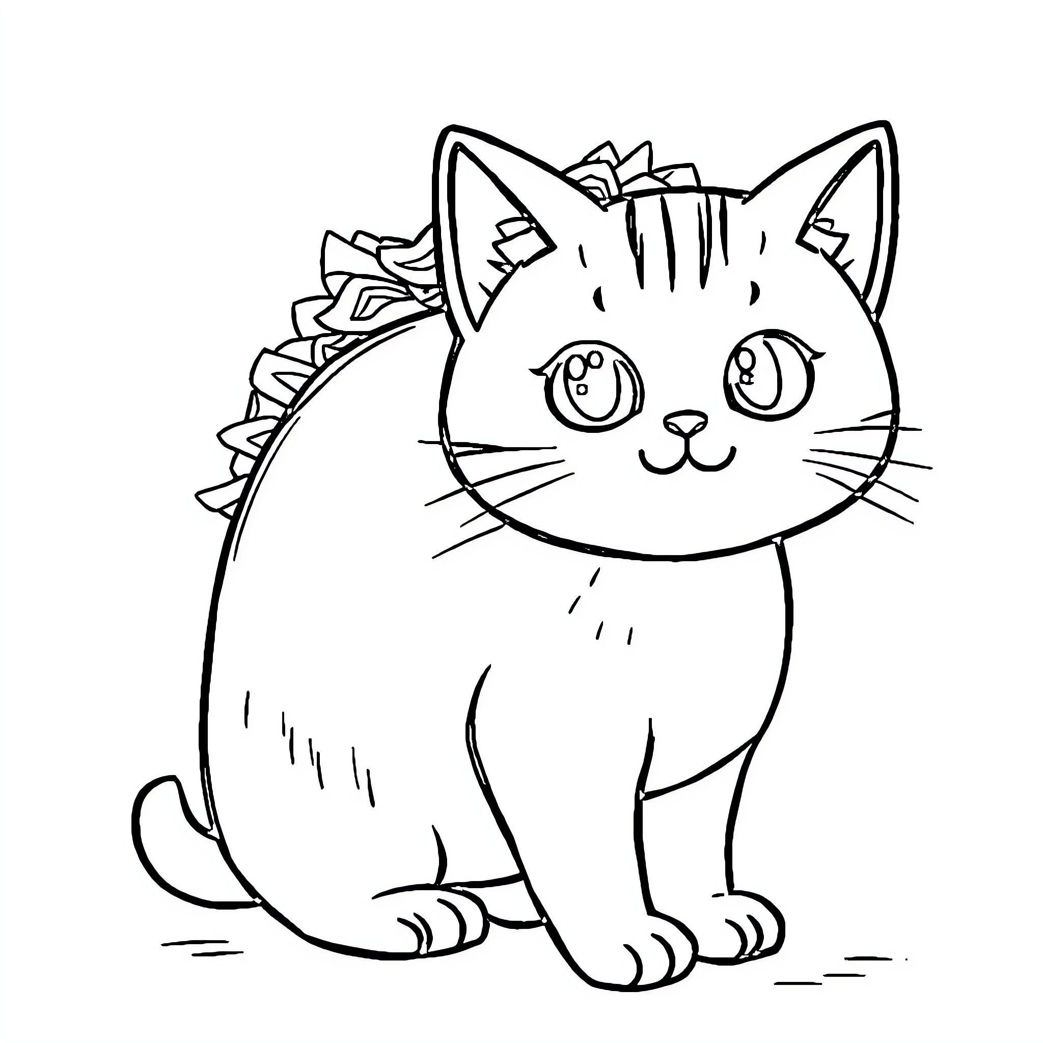 Taco Cat with a Curious Expression Coloring Page (free black-and-white line drawing printable PDF for all, from beginners to advanced learners, including children, teens, adults, and seniors)