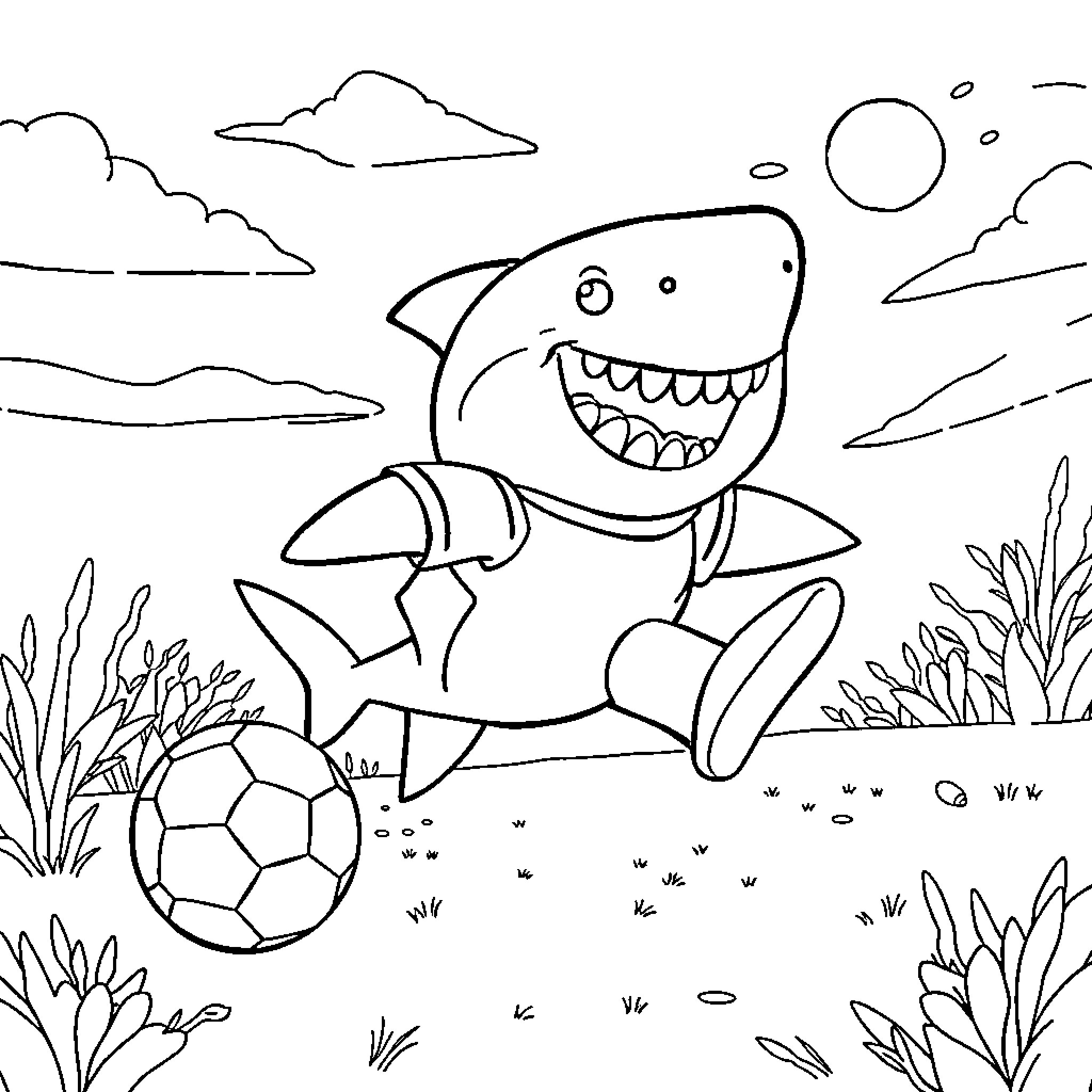 Baby Shark playing happily with soccer ball Coloring Page (free black-and-white line drawing printable PDF for all, from beginners to advanced learners, including children, teens, adults, and seniors)