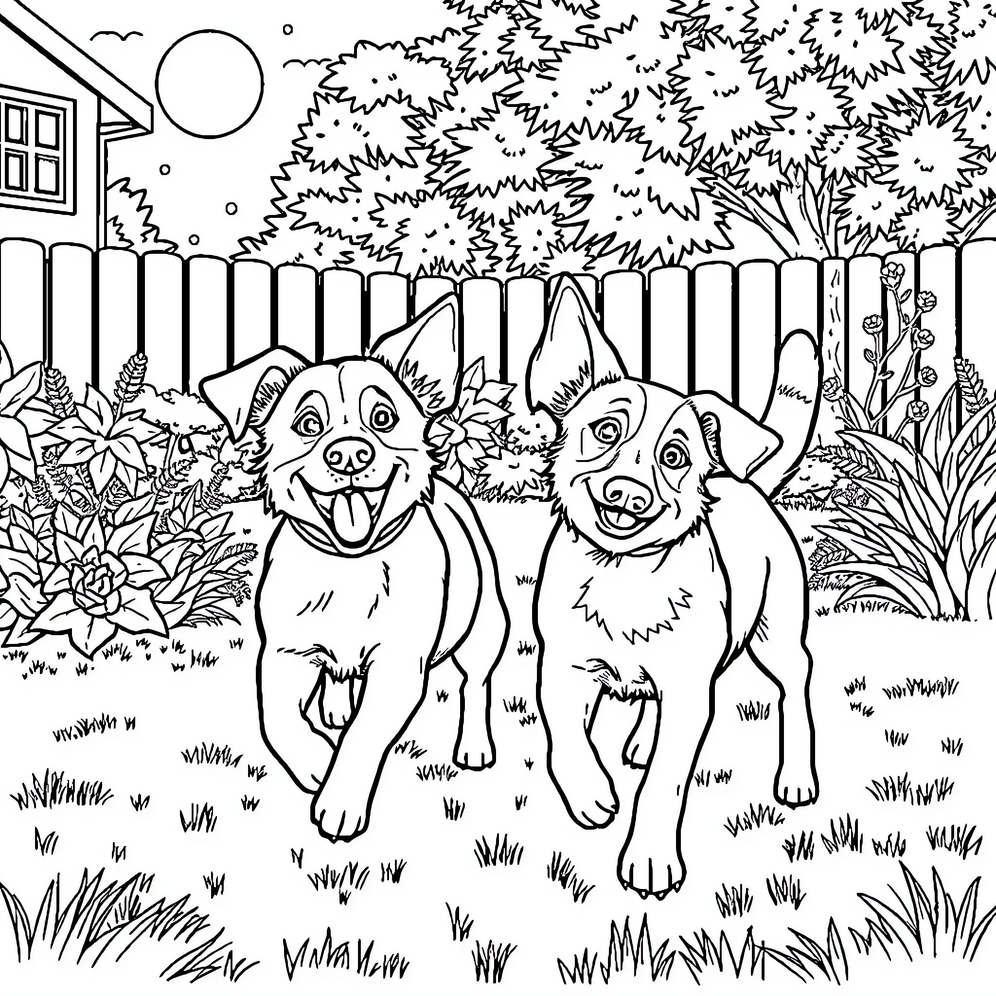 Dog companions playing in the backyard Coloring Page (free black-and-white line drawing printable PDF for all, from beginners to advanced learners, including children, teens, adults, and seniors)