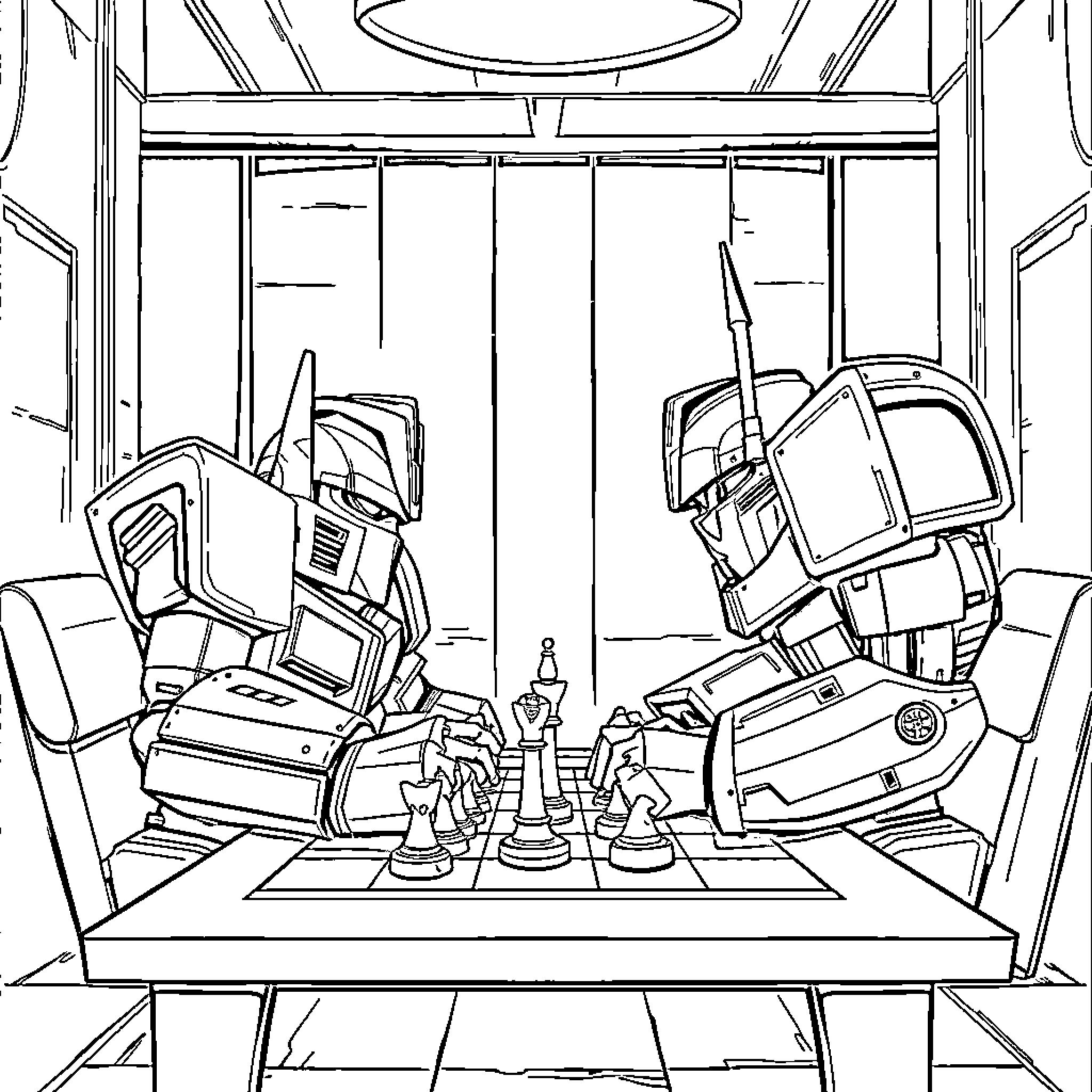 Optimus Prime Engaged in a Strategic Chess Match Coloring Page (free black-and-white line drawing printable PDF for all, from beginners to advanced learners, including children, teens, adults, and seniors)
