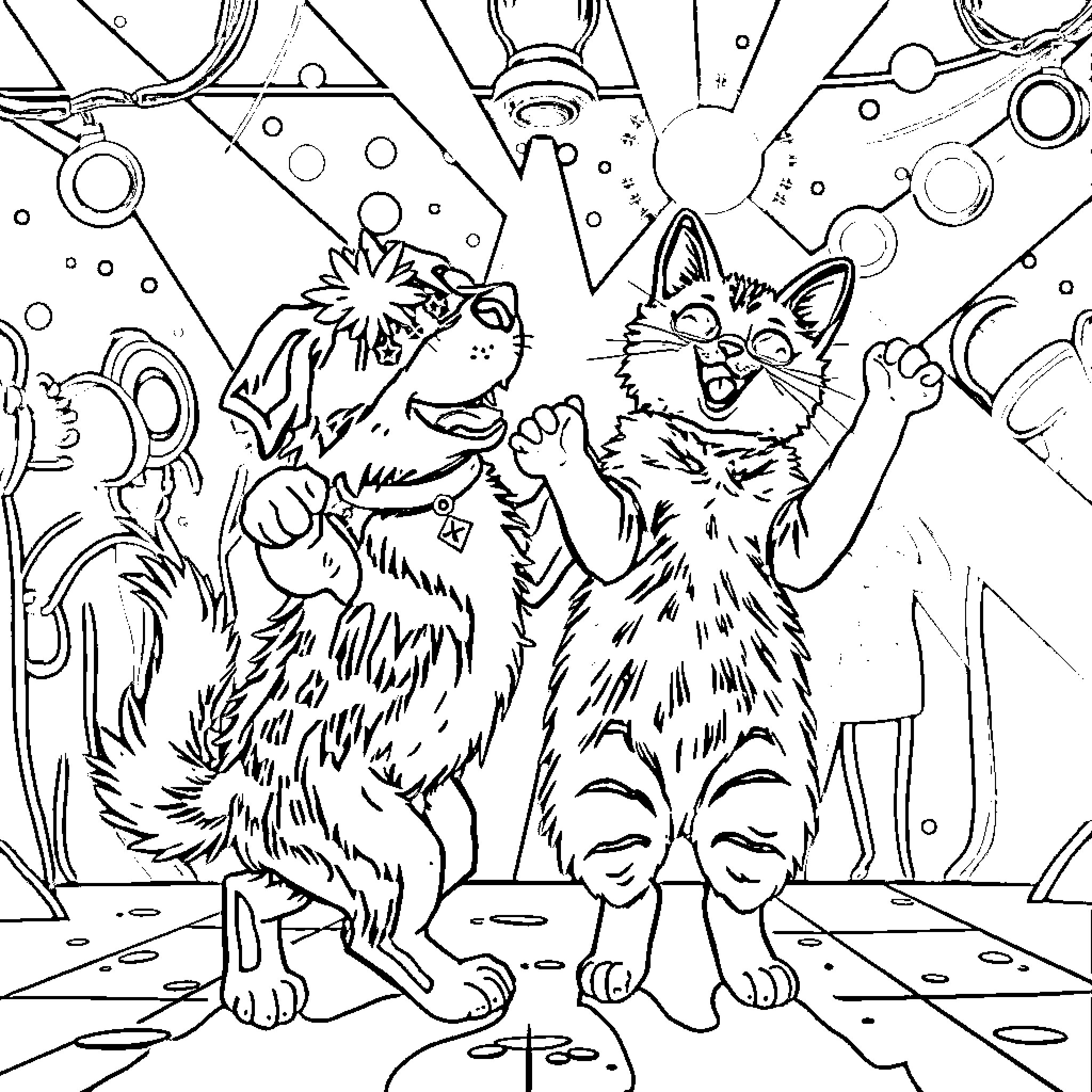 Dog Enjoying a Cosmic Celebration Coloring Page (free black-and-white line drawing printable PDF for all, from beginners to advanced learners, including children, teens, adults, and seniors)