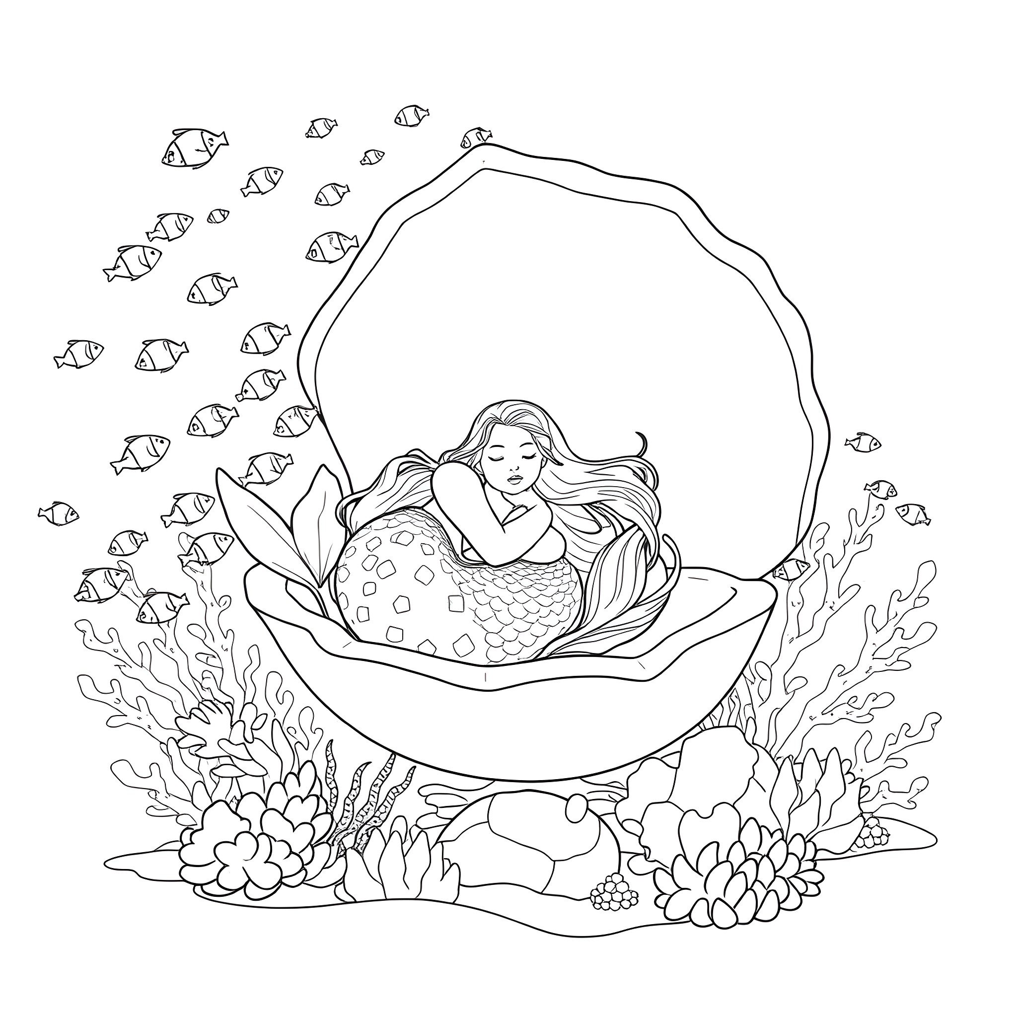 Mermaid sleeping peacefully amidst the underwater coral reef Coloring Page (free black-and-white line drawing printable PDF for all, from beginners to advanced learners, including children, teens, adults, and seniors)
