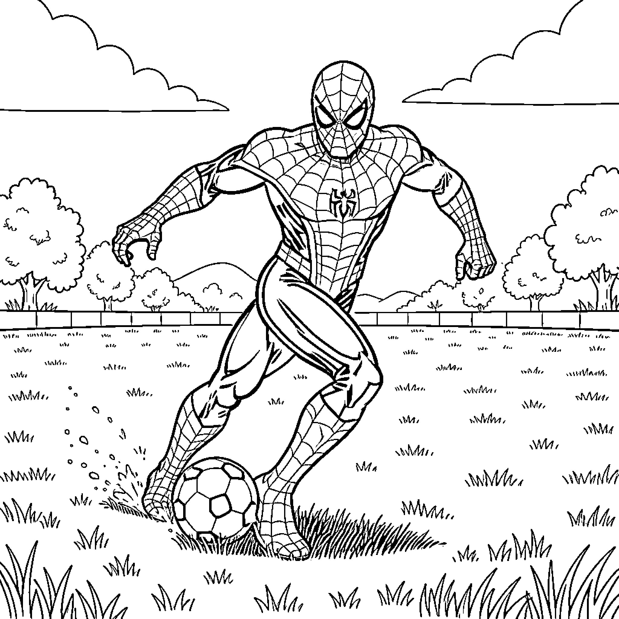 Spiderman playing soccer in a grassy field Coloring Page (free black-and-white line drawing printable PDF for all, from beginners to advanced learners, including children, teens, adults, and seniors)