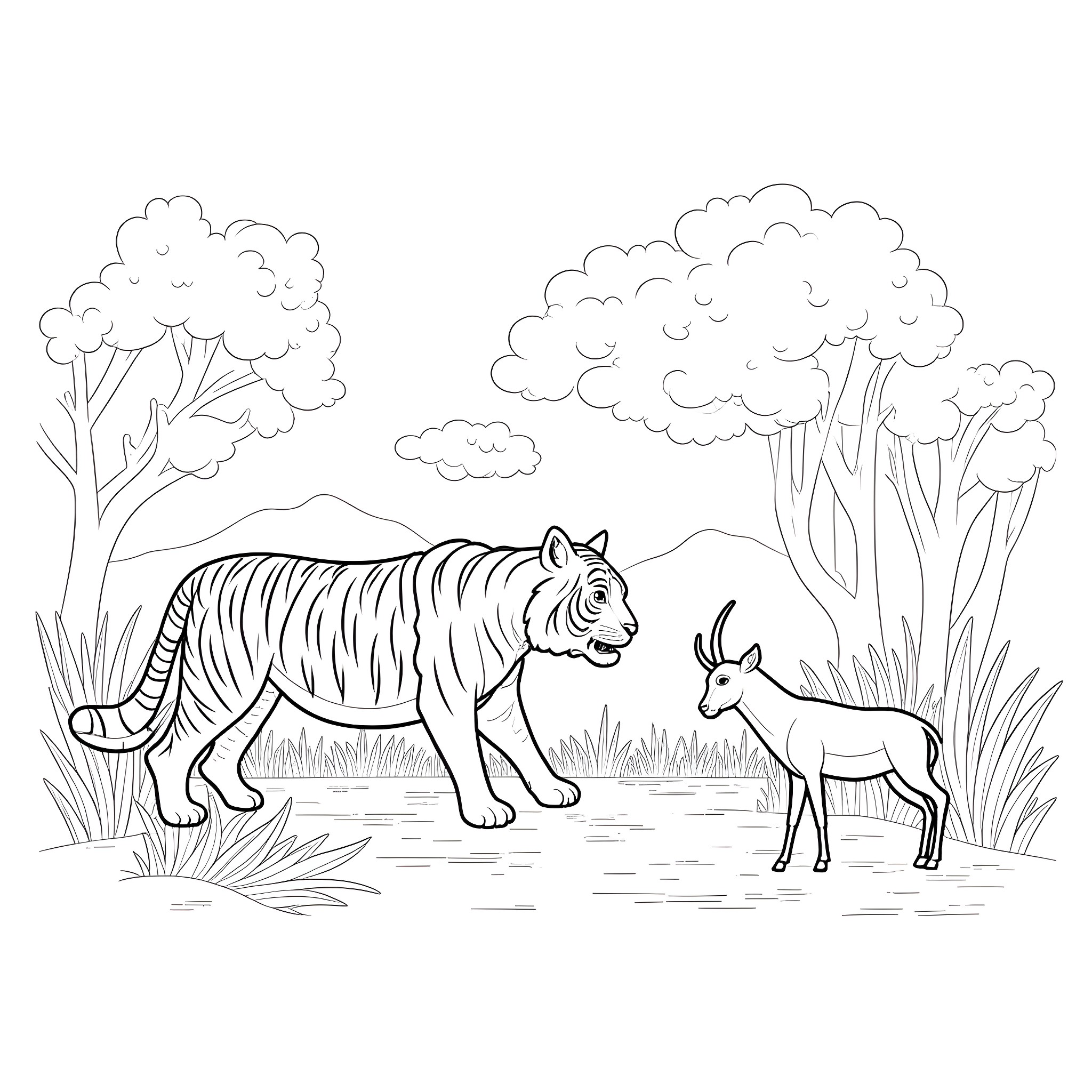 Tiger and deer in the wild forest Coloring Page (free black-and-white line drawing printable PDF for all, from beginners to advanced learners, including children, teens, adults, and seniors)
