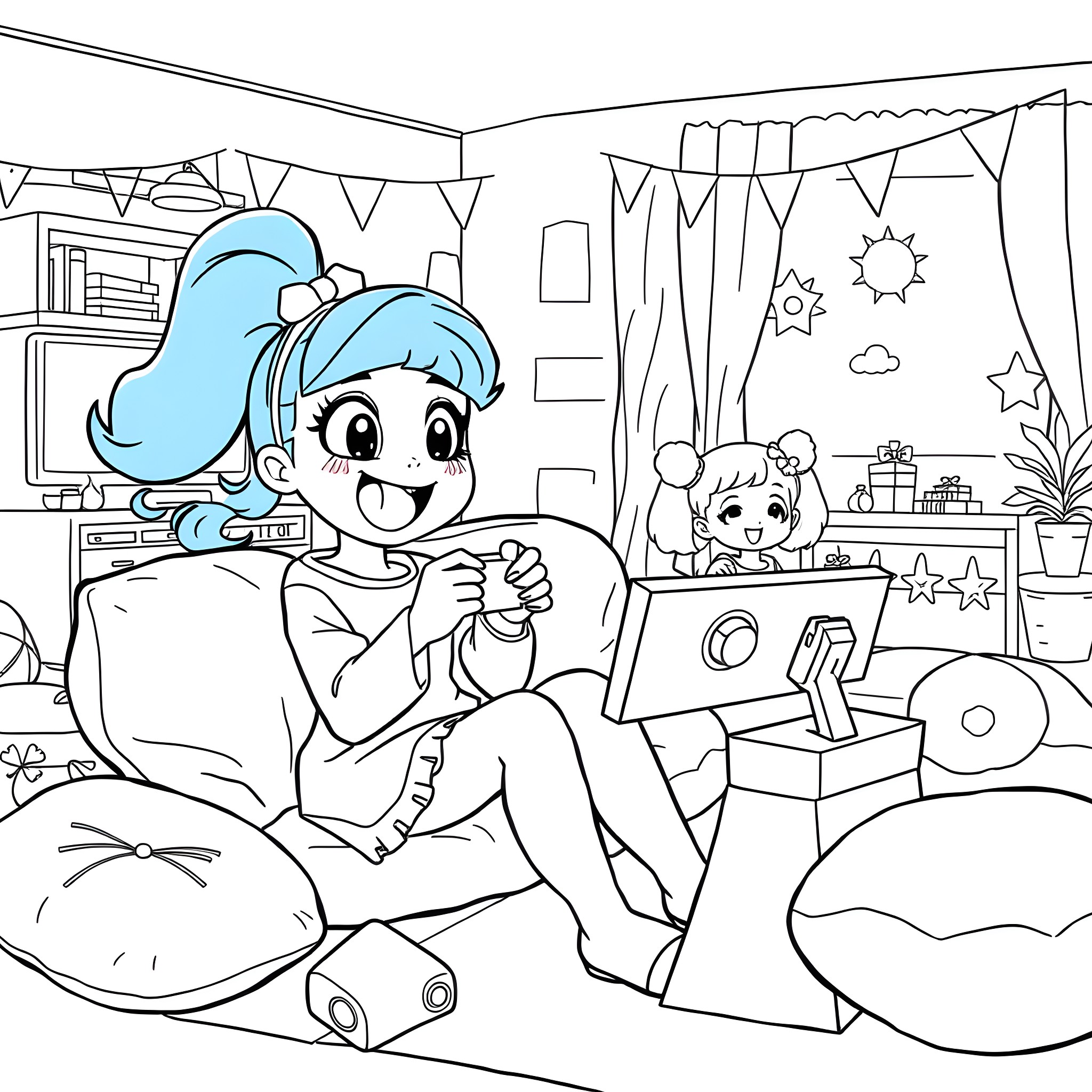 Bluey enjoying time at home with toys and decor Coloring Page (free black-and-white line drawing printable PDF for all, from beginners to advanced learners, including children, teens, adults, and seniors)