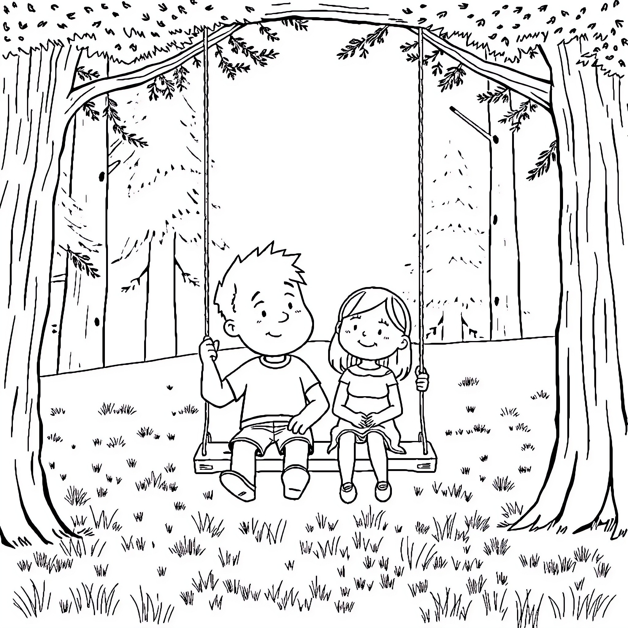 Carl and Ellie enjoying the park together on a swing Coloring Page (free black-and-white line drawing printable PDF for all, from beginners to advanced learners, including children, teens, adults, and seniors)