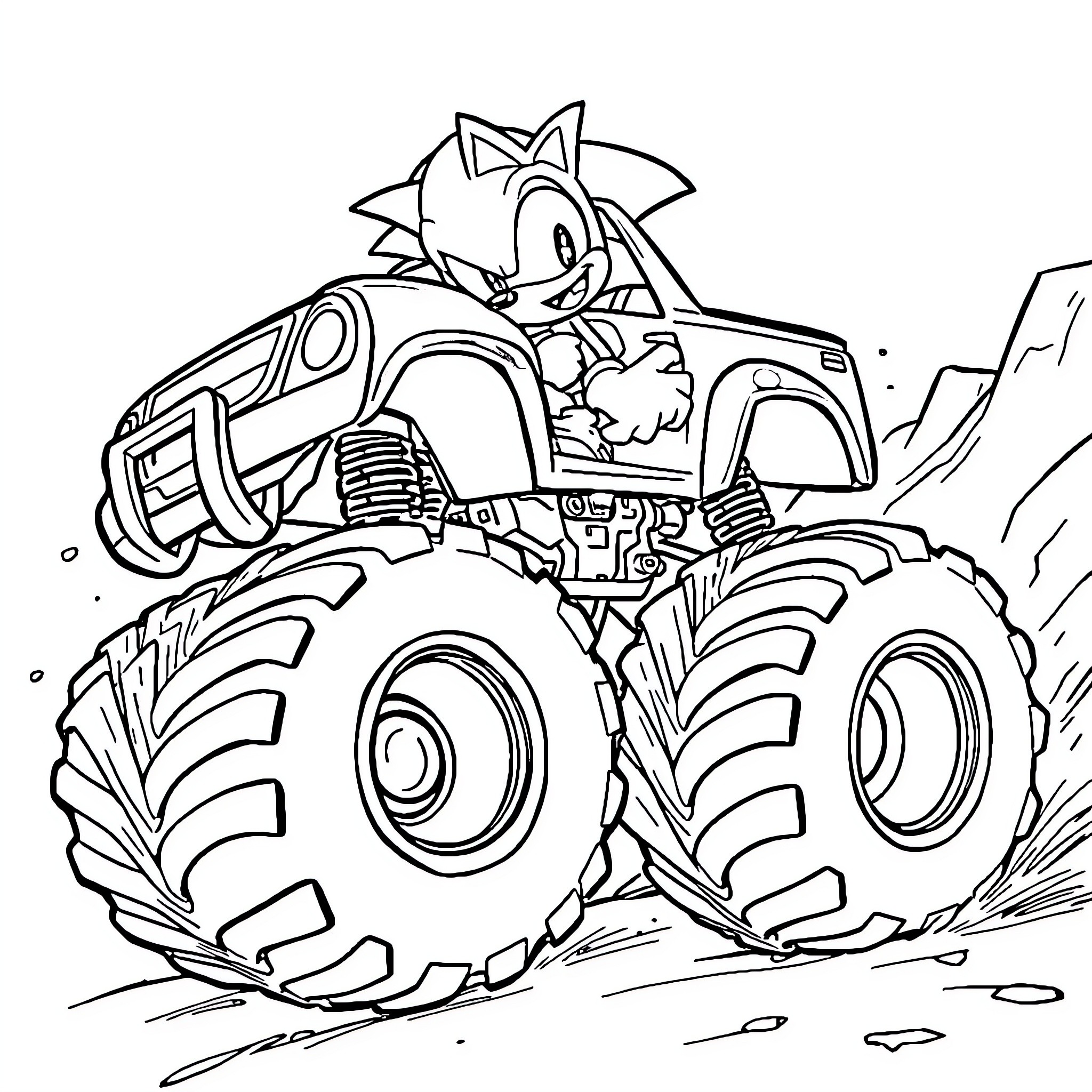 Sonic speeding in a monster truck on rough terrain Coloring Page (free black-and-white line drawing printable PDF for all, from beginners to advanced learners, including children, teens, adults, and seniors)