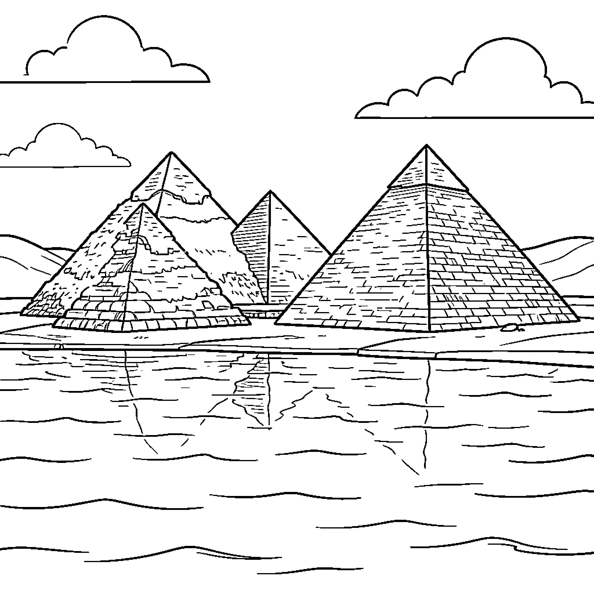 Sea of sand surrounding ancient pyramids under clouds Coloring Page (free black-and-white line drawing printable PDF for all, from beginners to advanced learners, including children, teens, adults, and seniors)