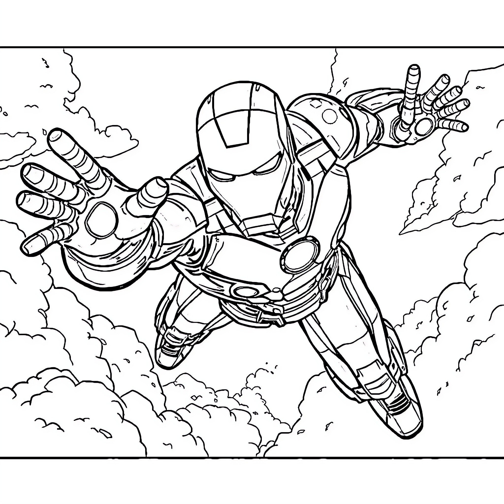 Iron Man flying in action-packed scene Coloring Page (free black-and-white line drawing printable PDF for all, from beginners to advanced learners, including children, teens, adults, and seniors)