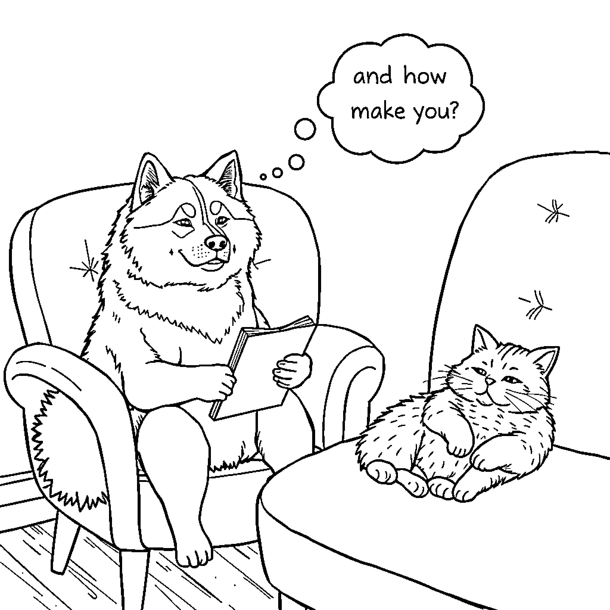 Akita asking a curious cat 'and how make you?' Coloring Page (free black-and-white line drawing printable PDF for all, from beginners to advanced learners, including children, teens, adults, and seniors)