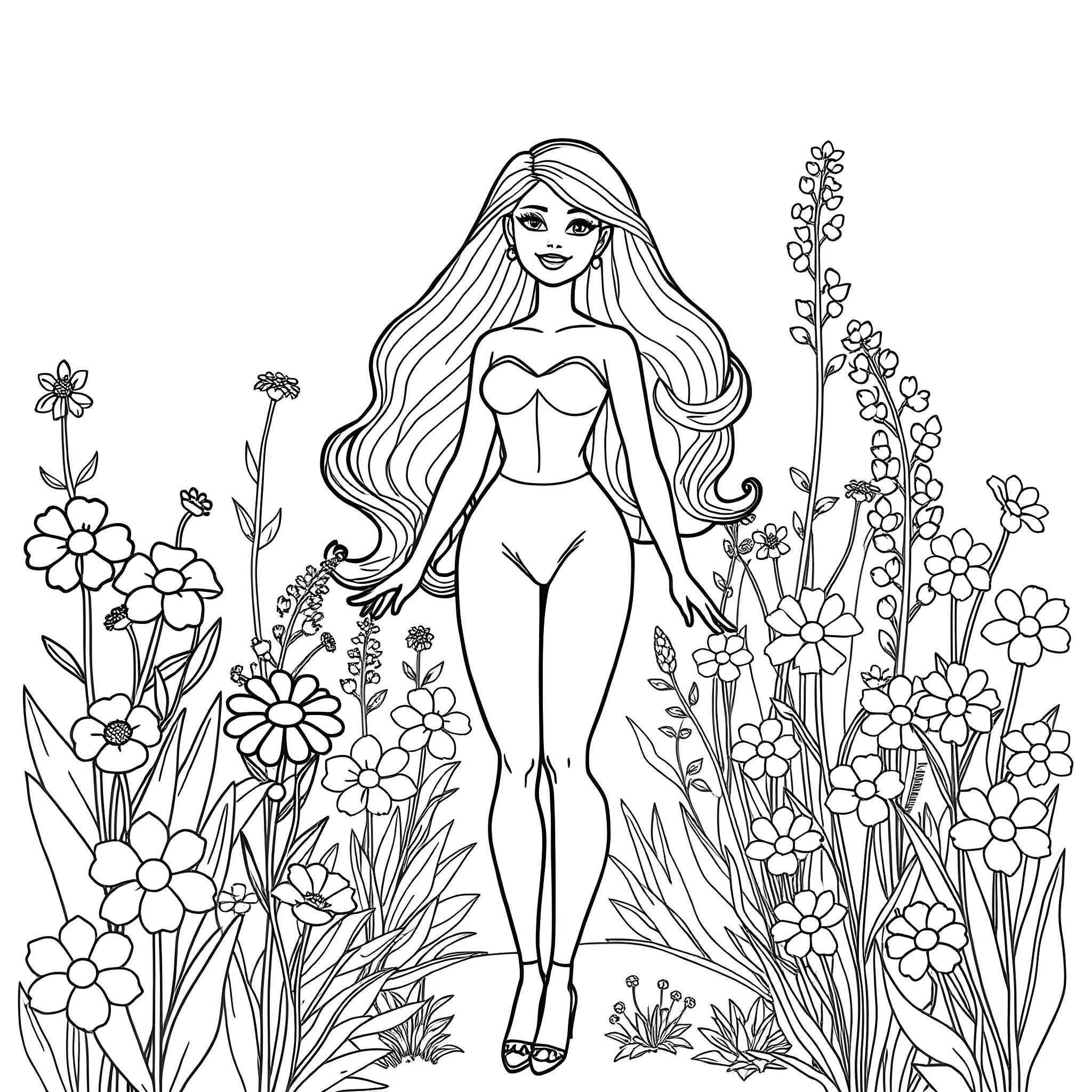 Barbie posing in a floral garden Coloring Page (free black-and-white line drawing printable PDF for all, from beginners to advanced learners, including children, teens, adults, and seniors)