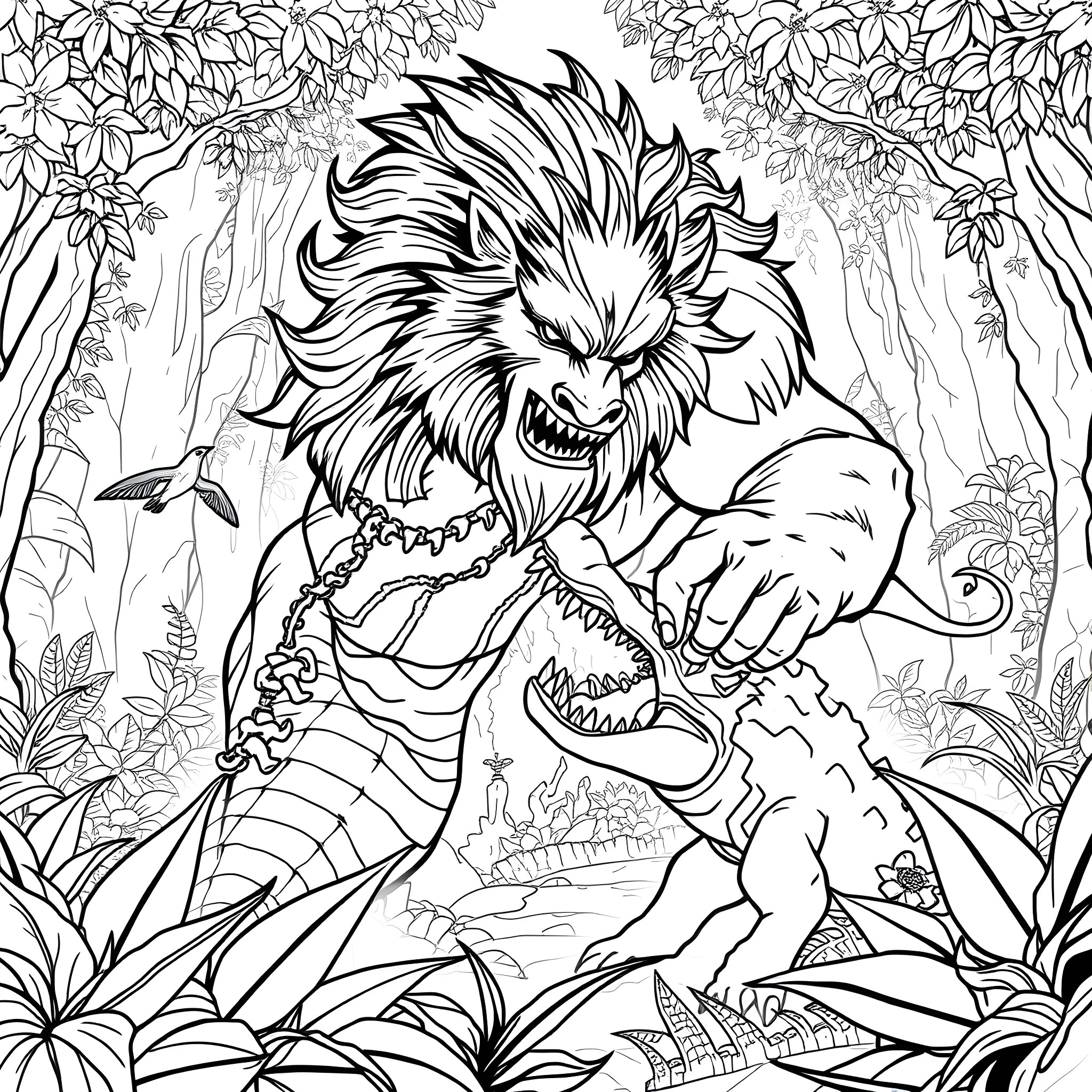 Beast Roaring Ferociously in Lush Jungle Landscape Coloring Page (free black-and-white line drawing printable PDF for all, from beginners to advanced learners, including children, teens, adults, and seniors)