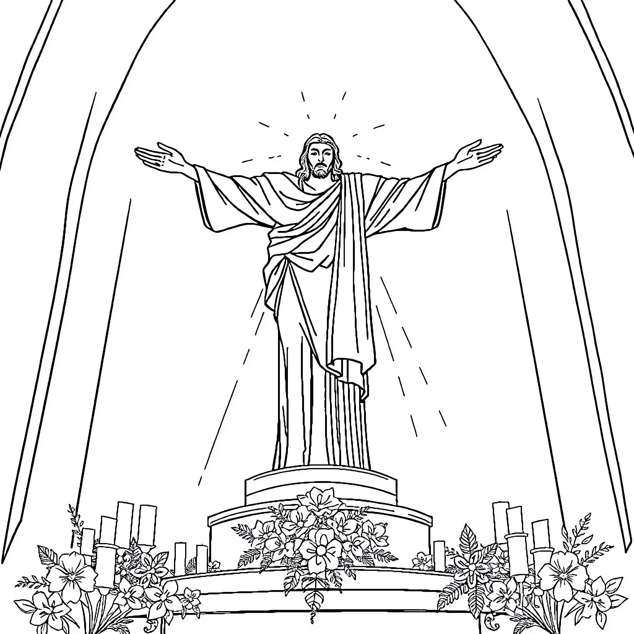 Cristo's Welcoming Embrace of the Faithful Coloring Page (free black-and-white line drawing printable PDF for all, from beginners to advanced learners, including children, teens, adults, and seniors)