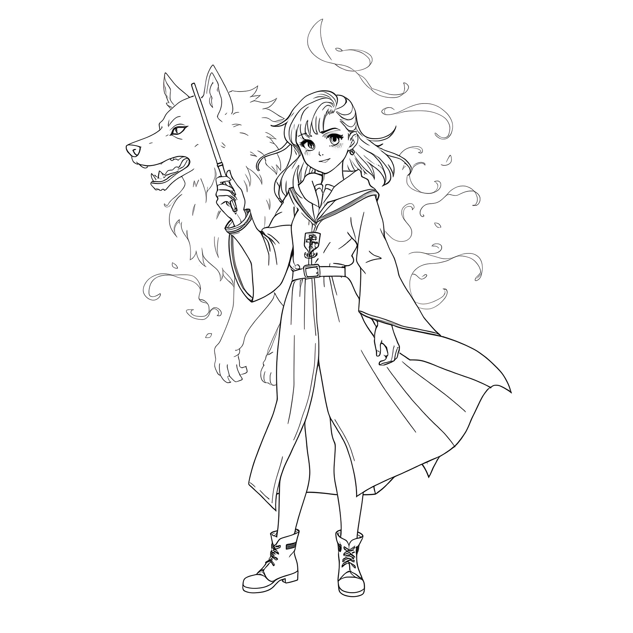 Teen Girl Warrior with Magical Wolf Companion Coloring Page (free black-and-white line drawing printable PDF for all, from beginners to advanced learners, including children, teens, adults, and seniors)