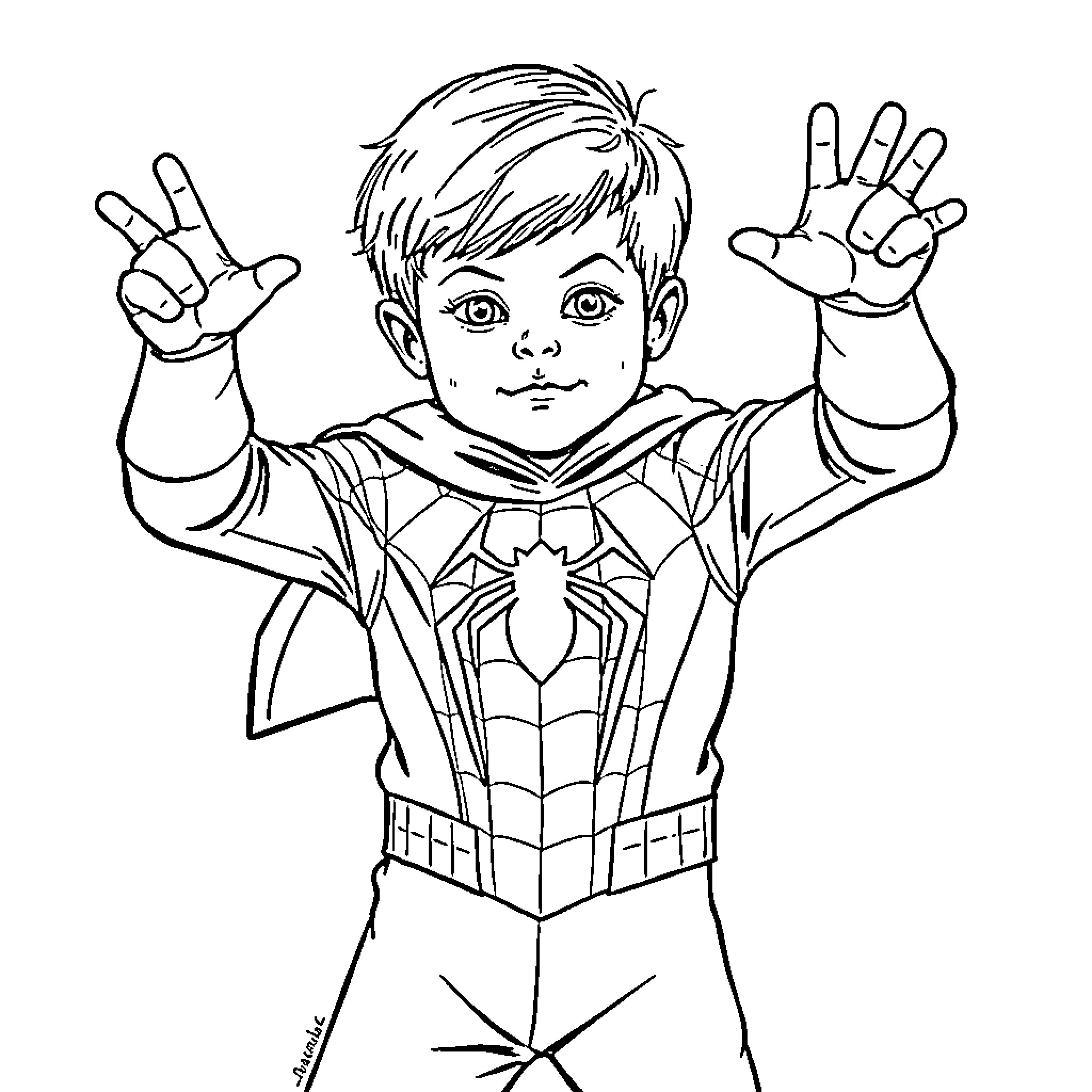 Spider-Man making peace signs in heroic pose Coloring Page (free black-and-white line drawing printable PDF for all, from beginners to advanced learners, including children, teens, adults, and seniors)
