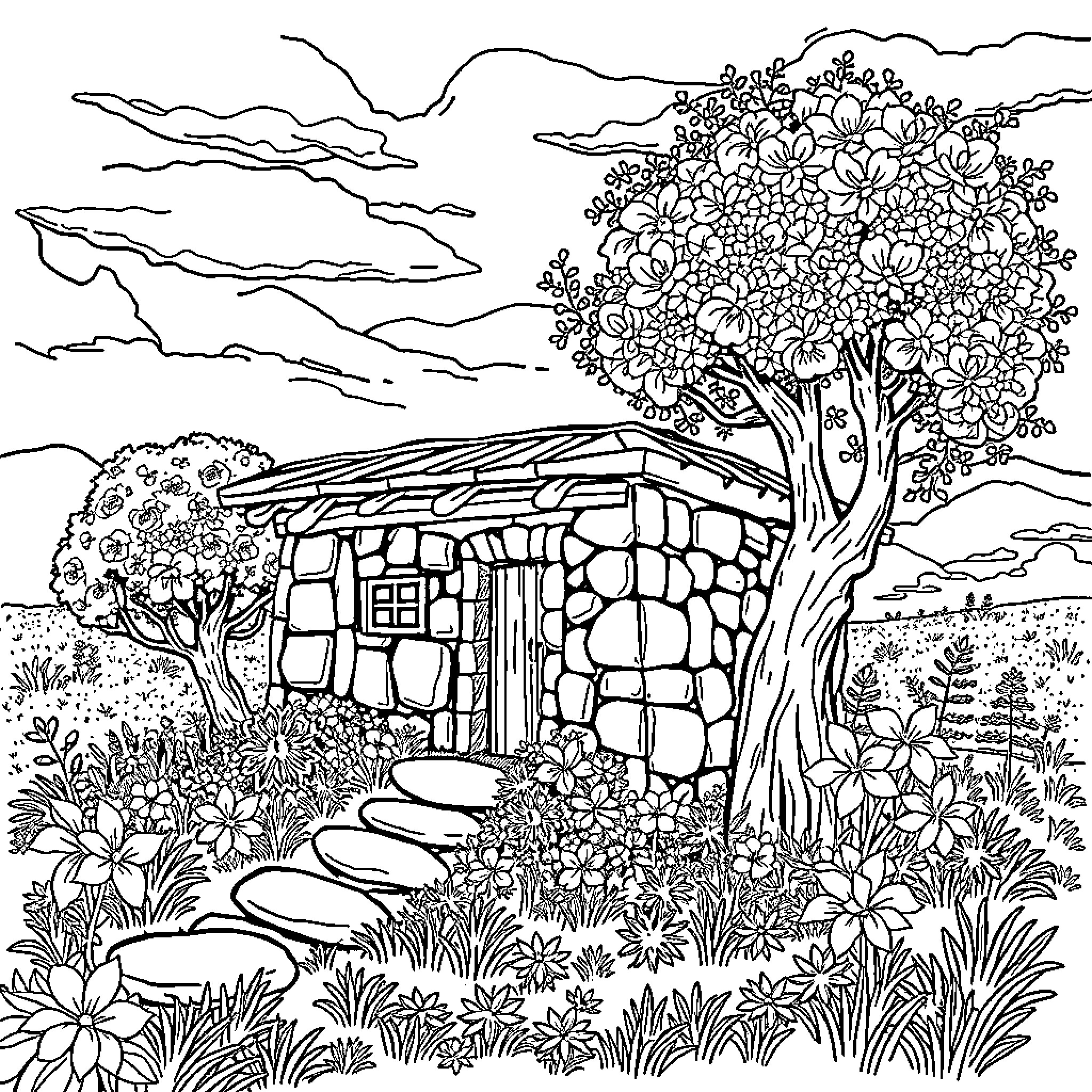 Barbecue Picnic Scene with Rustic Cabin and Flowers Coloring Page (free black-and-white line drawing printable PDF for all, from beginners to advanced learners, including children, teens, adults, and seniors)
