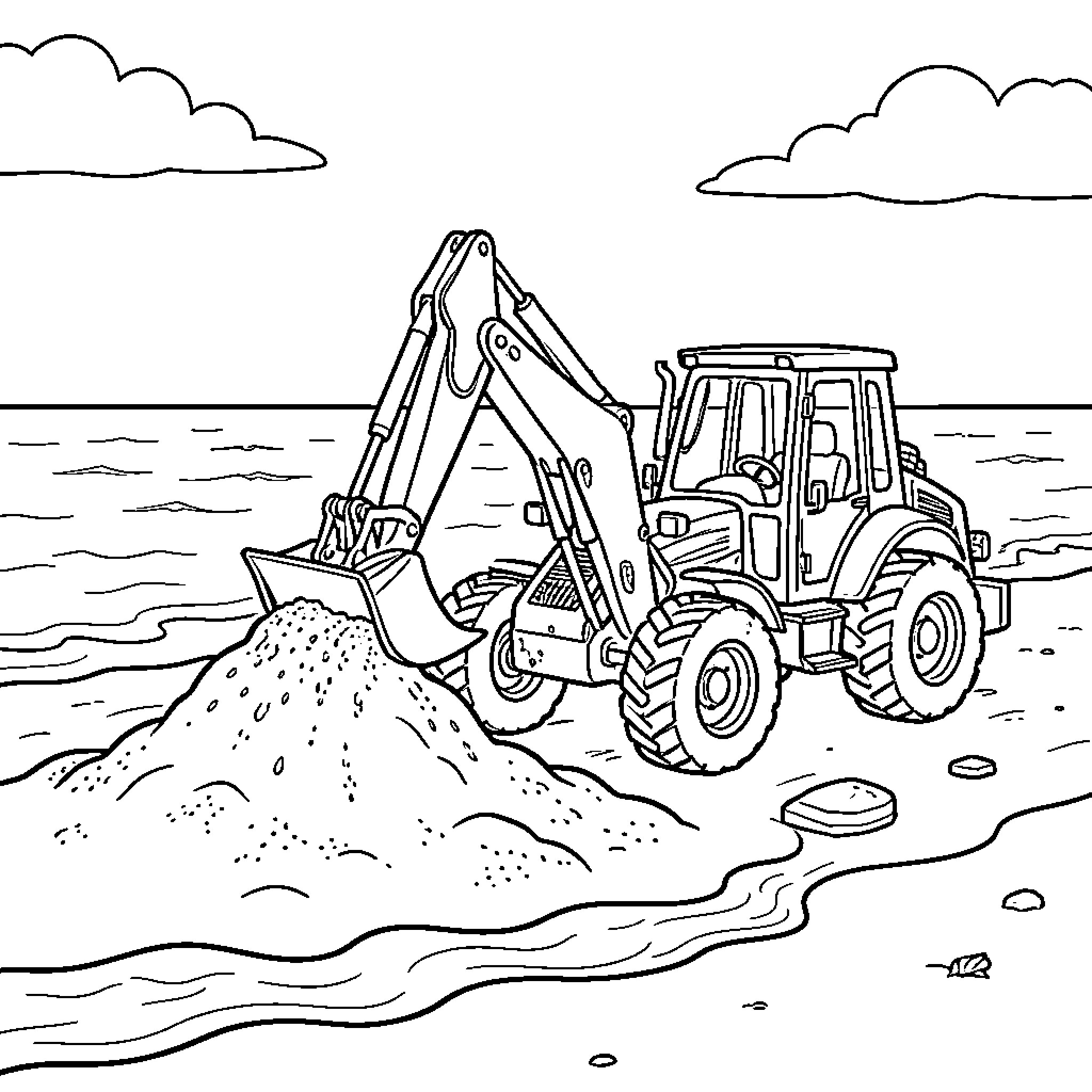 Backhoe Loader moving a large pile of sand Coloring Page (free black-and-white line drawing printable PDF for all, from beginners to advanced learners, including children, teens, adults, and seniors)