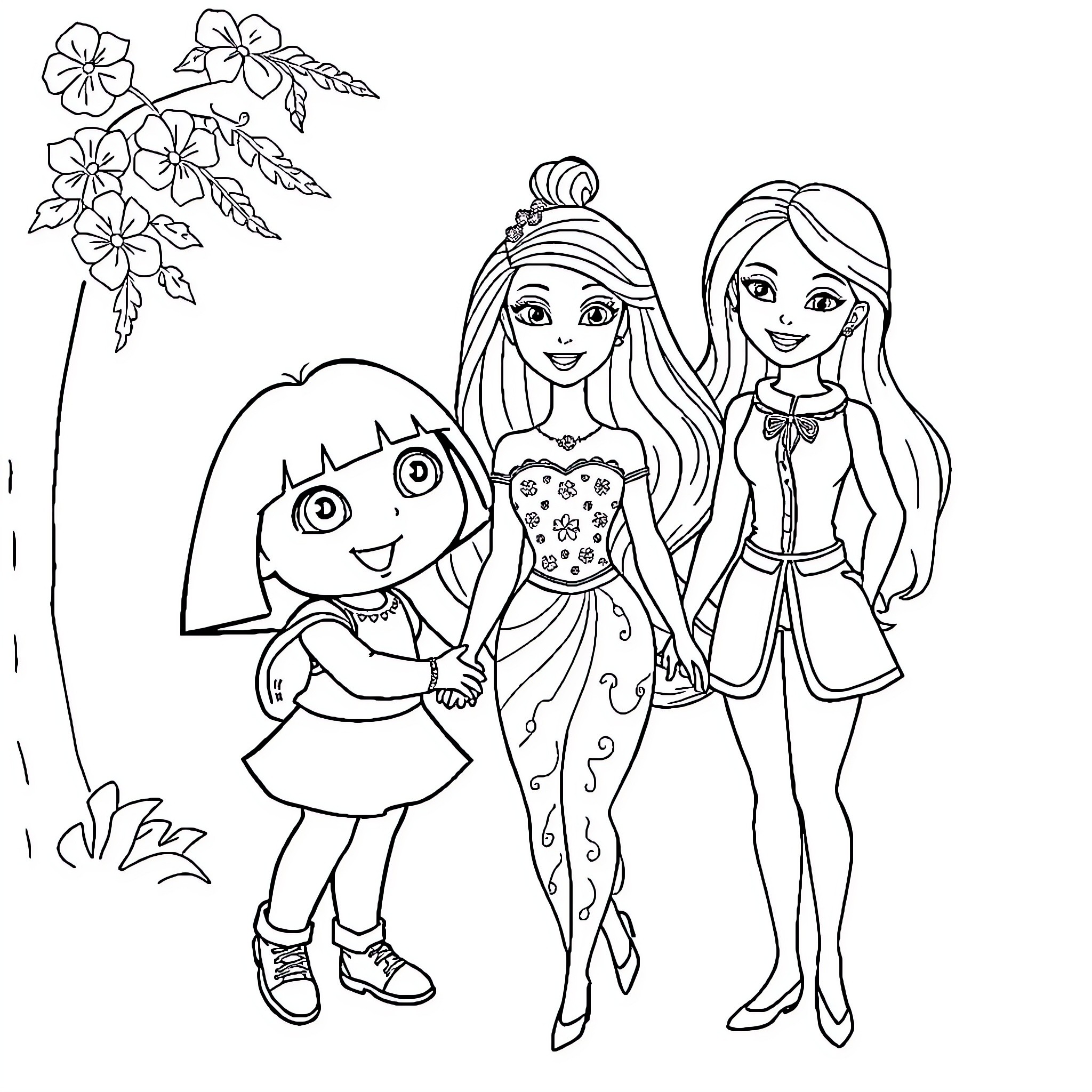 Dora exploring nature with friends Coloring Page (free black-and-white line drawing printable PDF for all, from beginners to advanced learners, including children, teens, adults, and seniors)
