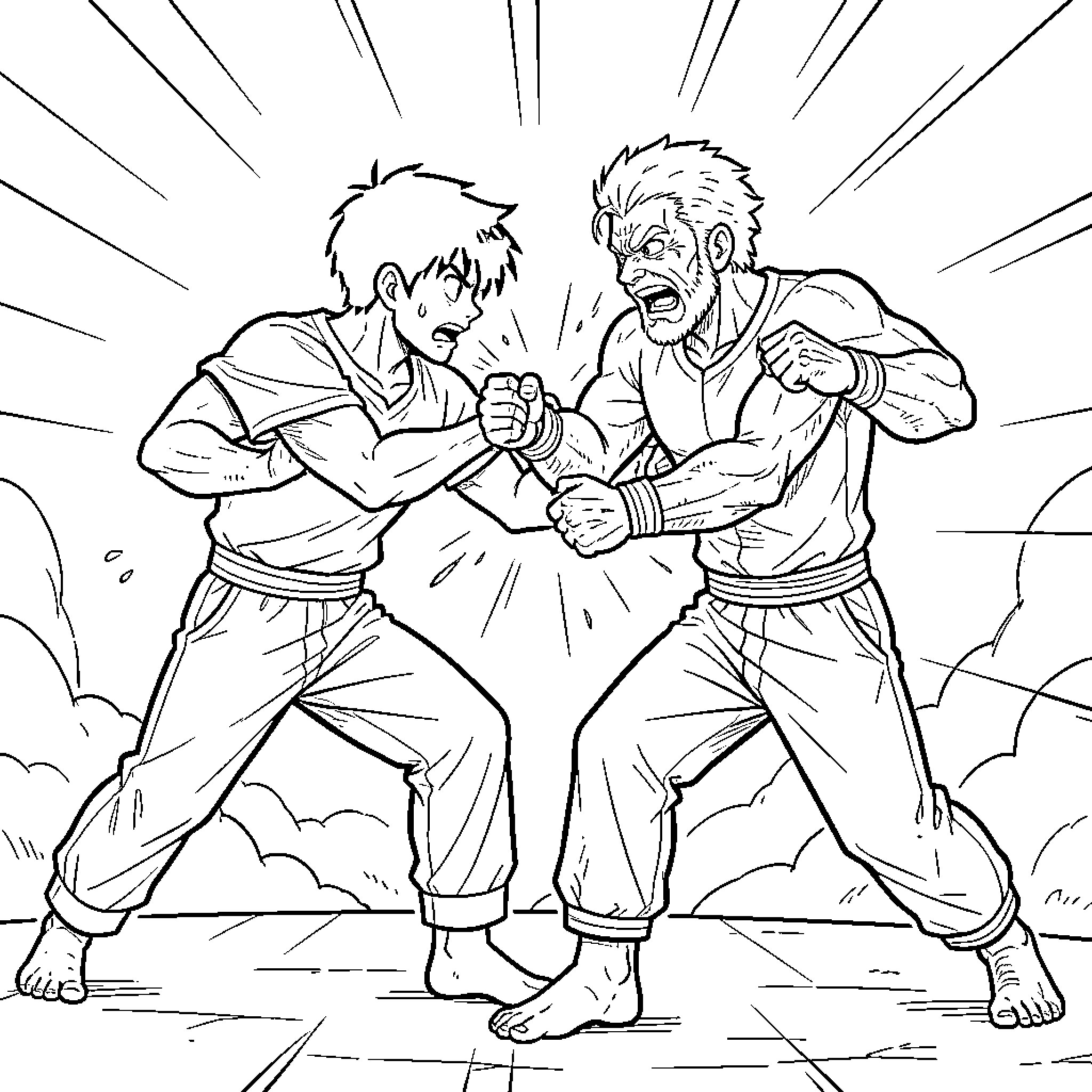 Buroto two martial artists engaged in intense combat Coloring Page (free black-and-white line drawing printable PDF for all, from beginners to advanced learners, including children, teens, adults, and seniors)