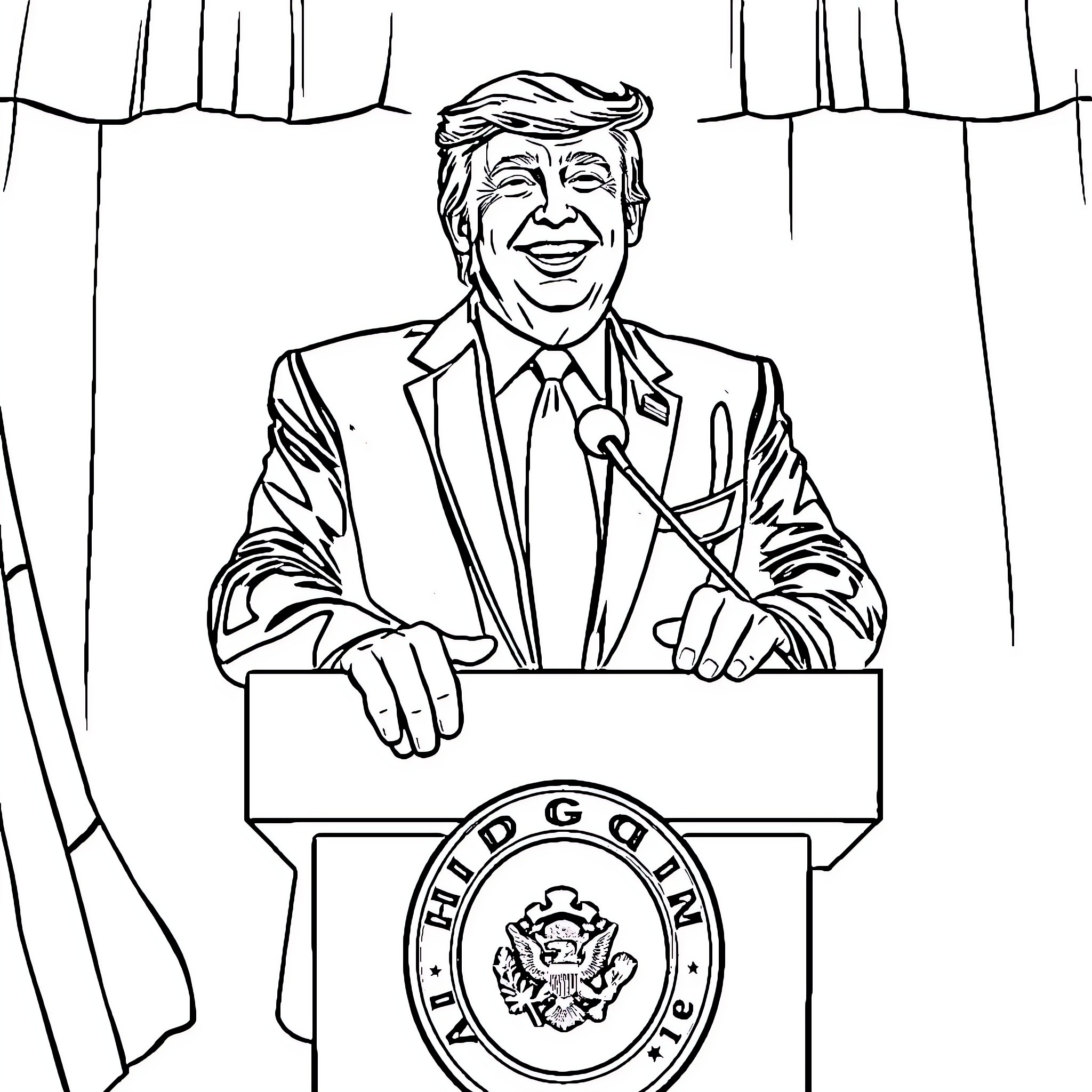 Donald Trump Giving a Speech at the Podium Coloring Page (free black-and-white line drawing printable PDF for all, from beginners to advanced learners, including children, teens, adults, and seniors)