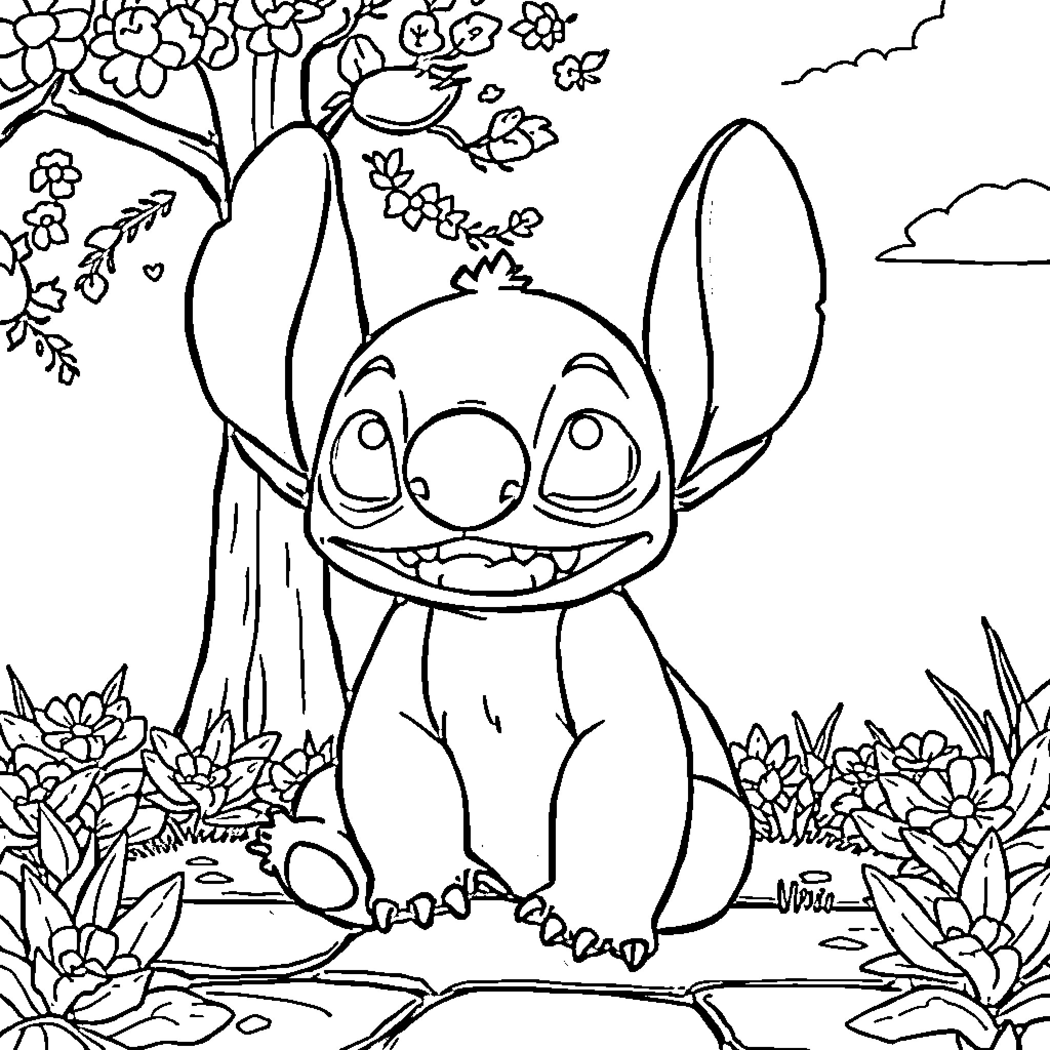 Stitch enjoying nature's beauty in a serene setting Coloring Page (free black-and-white line drawing printable PDF for all, from beginners to advanced learners, including children, teens, adults, and seniors)