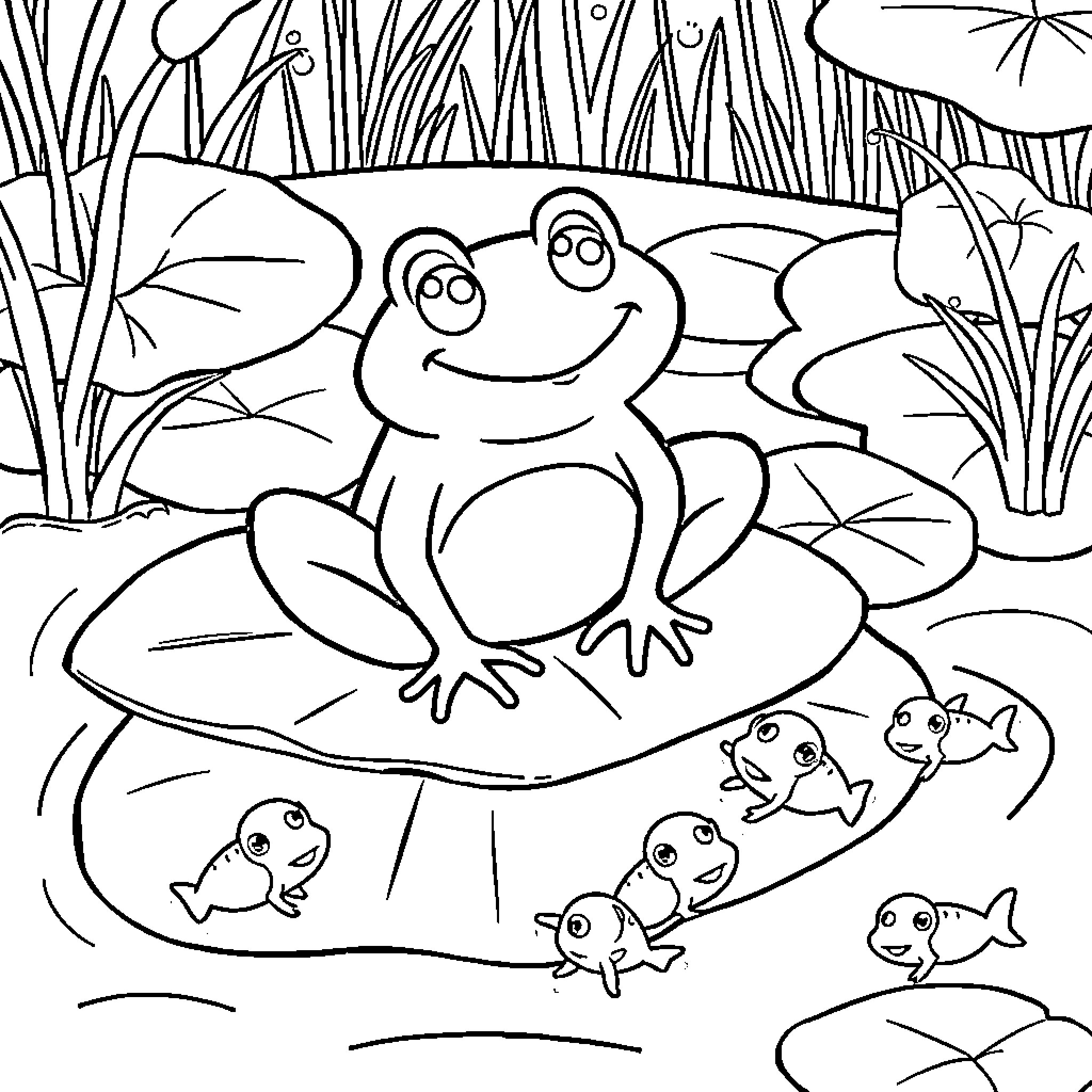 Frog enjoying the pond with little fish Coloring Page (free black-and-white line drawing printable PDF for all, from beginners to advanced learners, including children, teens, adults, and seniors)