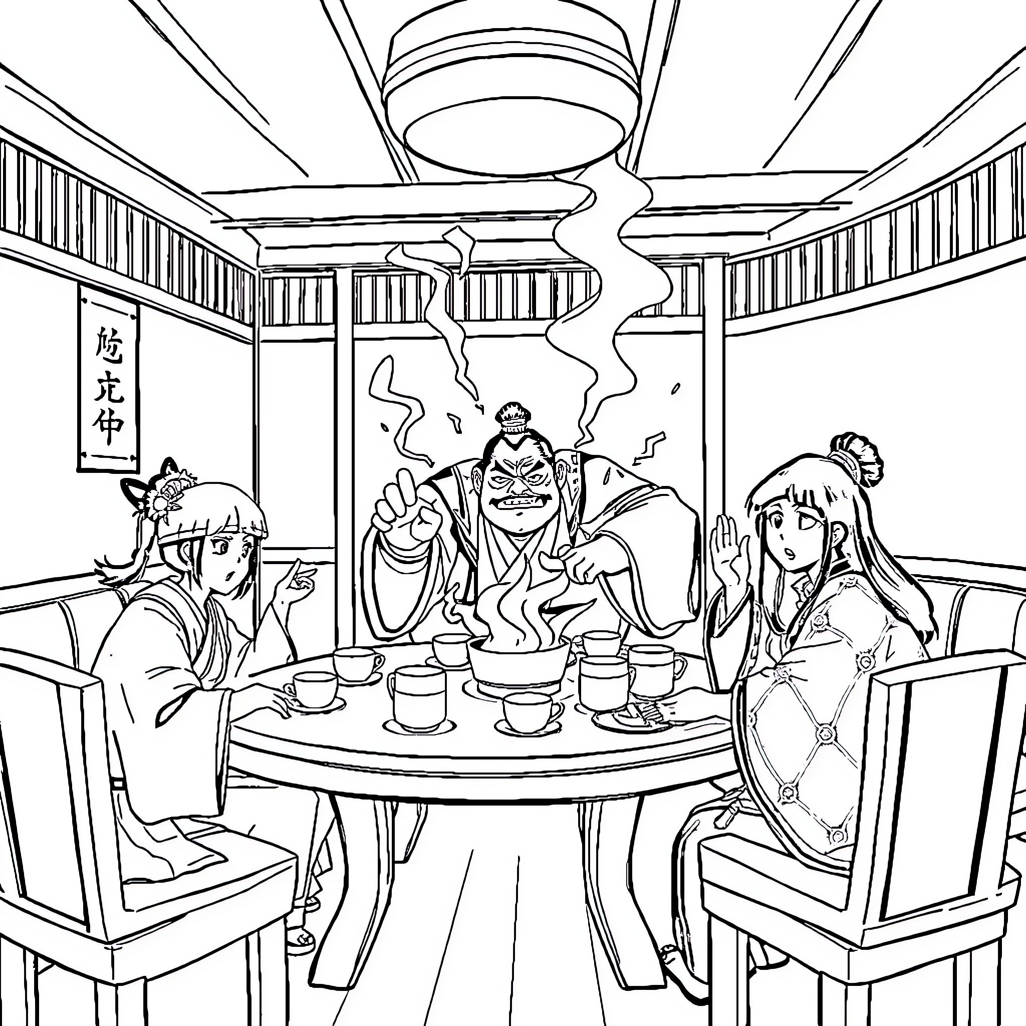 Inosuke's Lively Encounter in the Teahouse Coloring Page (free black-and-white line drawing printable PDF for all, from beginners to advanced learners, including children, teens, adults, and seniors)