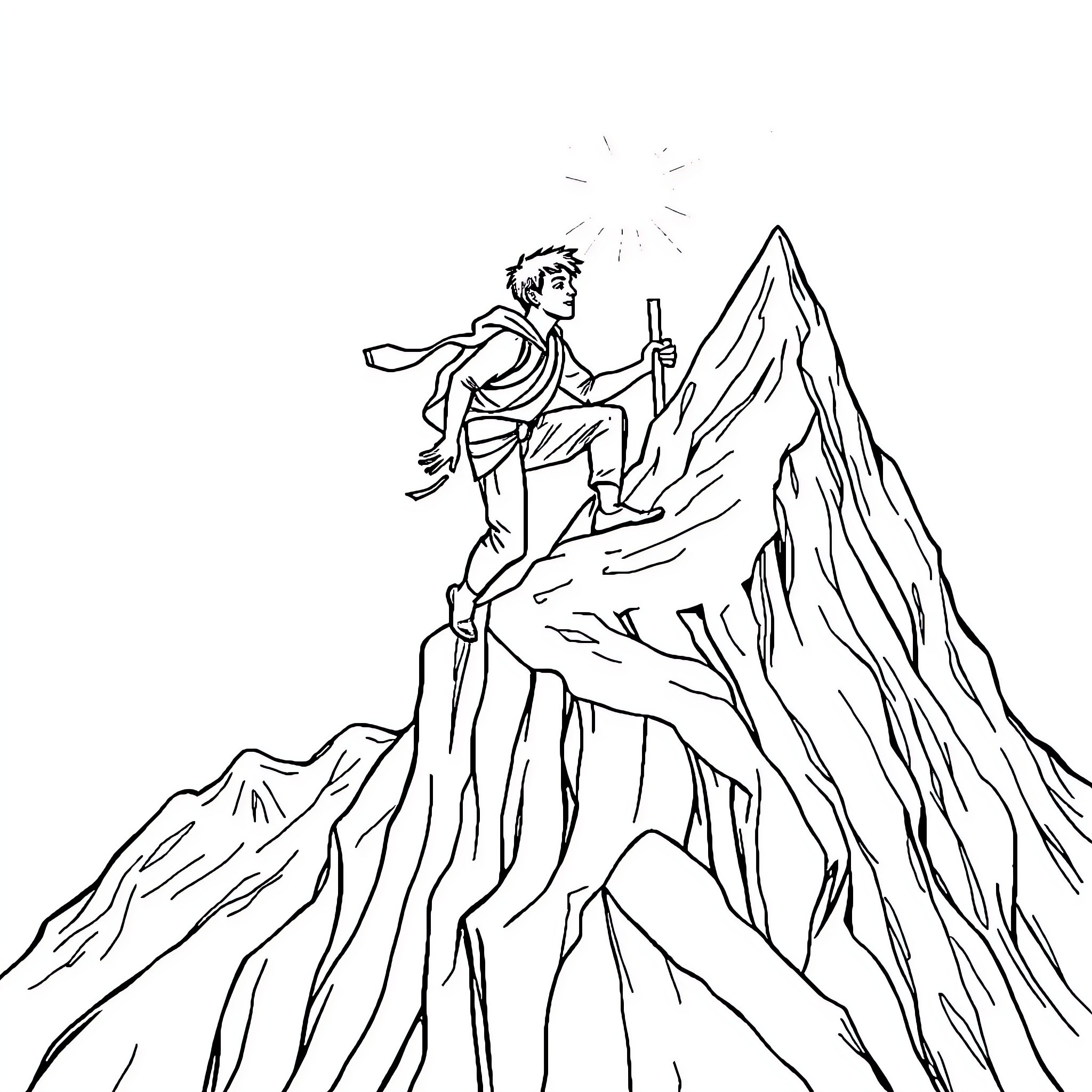 Person climbing a steep mountain peak Coloring Page (free black-and-white line drawing printable PDF for all, from beginners to advanced learners, including children, teens, adults, and seniors)